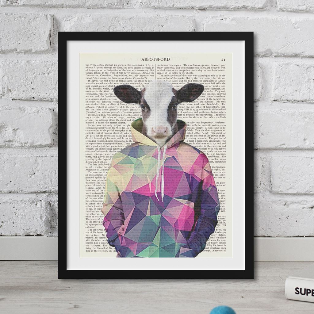 Hipster Kuh gedruckt auf Vintage Wörterbuch Buch Liebhaber Geschenke Tier Kunstwerk - Bild 3 von 3