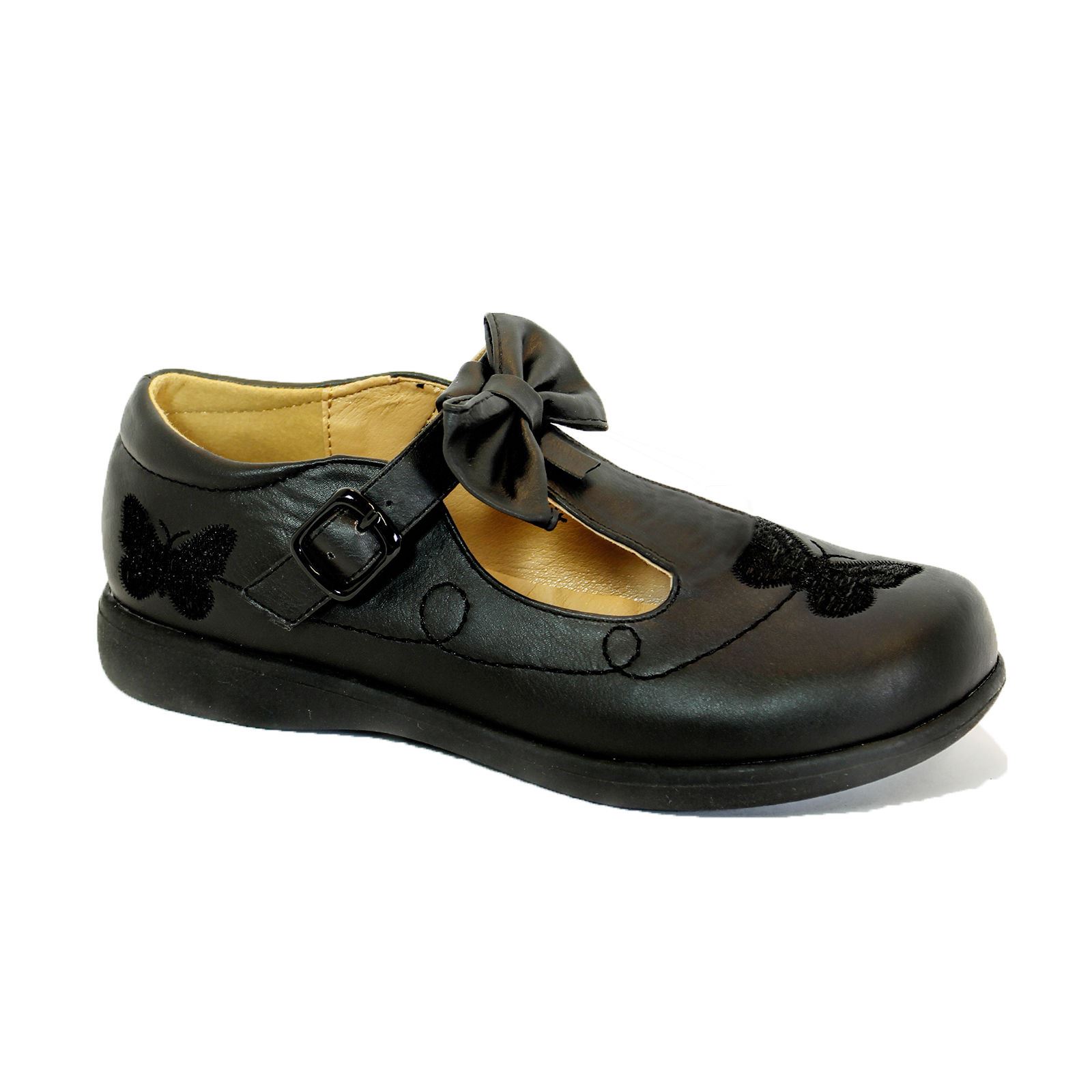 GIRLS FLAT CUT OUT MARY JANE T-BAR BOW SCHOOL SMART BLACK MATT PATENT SHOES SIZE