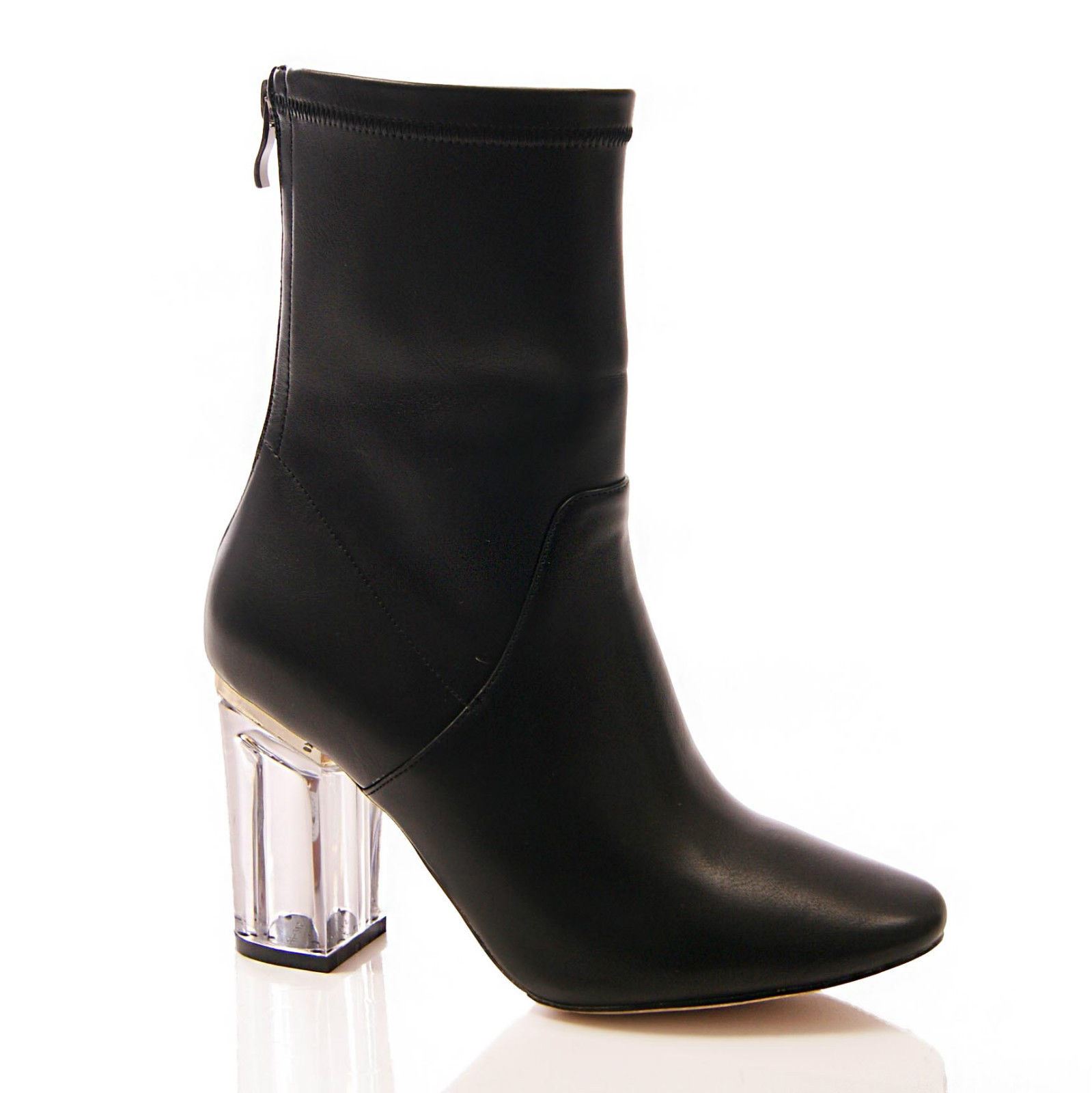 High Heel Black Ankle Boots With Clear Heel Sexy Chic Rhinestones