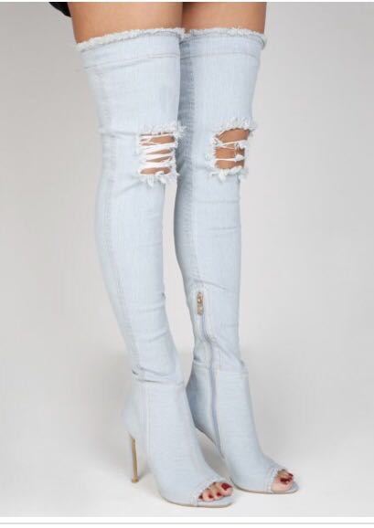 denim over the knee peep toe boots