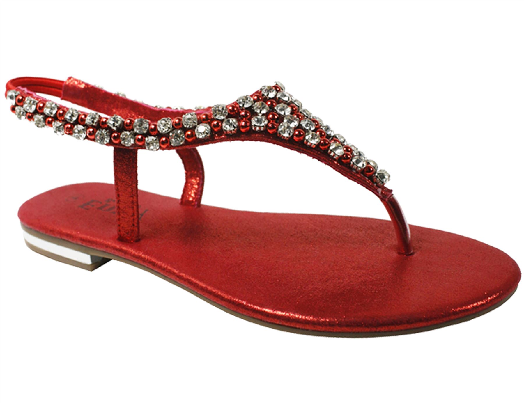 Womens flat sandals diamante pearl ladies sling back holiday casual
