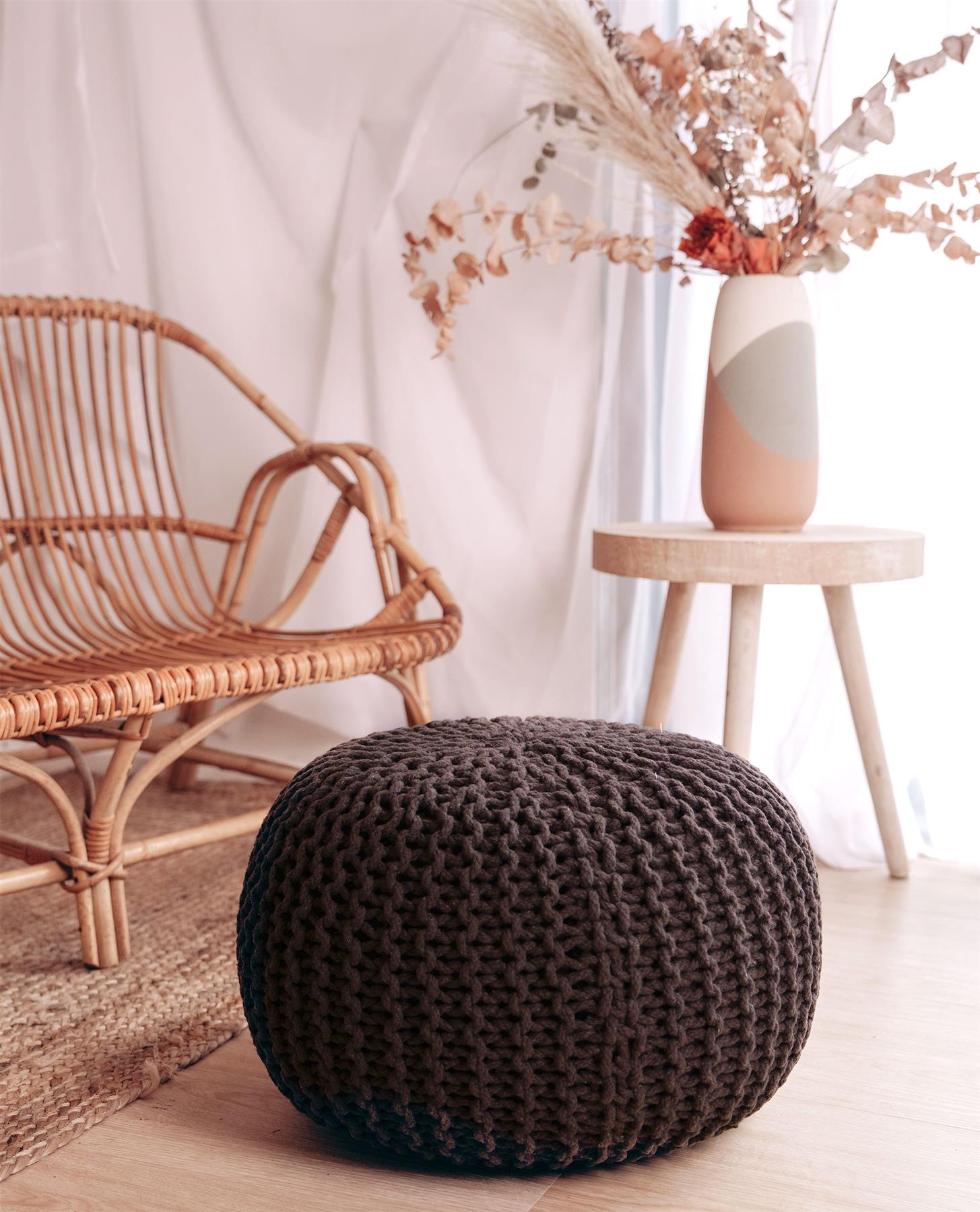 Chunky Knitted Pouffe Braided Beans Ottoman Footstool Round Moroccan Cushion50cm - Picture 14 of 53