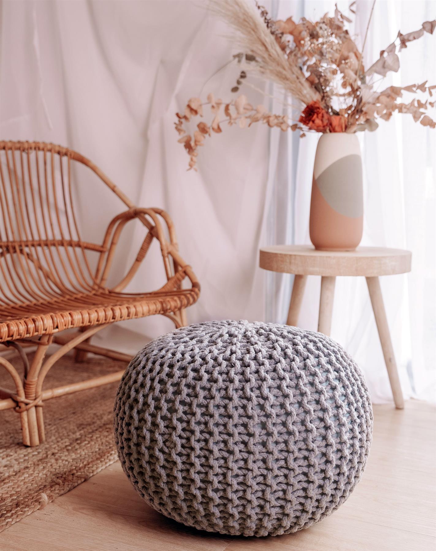 Chunky Knitted Pouffe Braided Beans Ottoman Footstool Round Moroccan Cushion50cm - Picture 39 of 53
