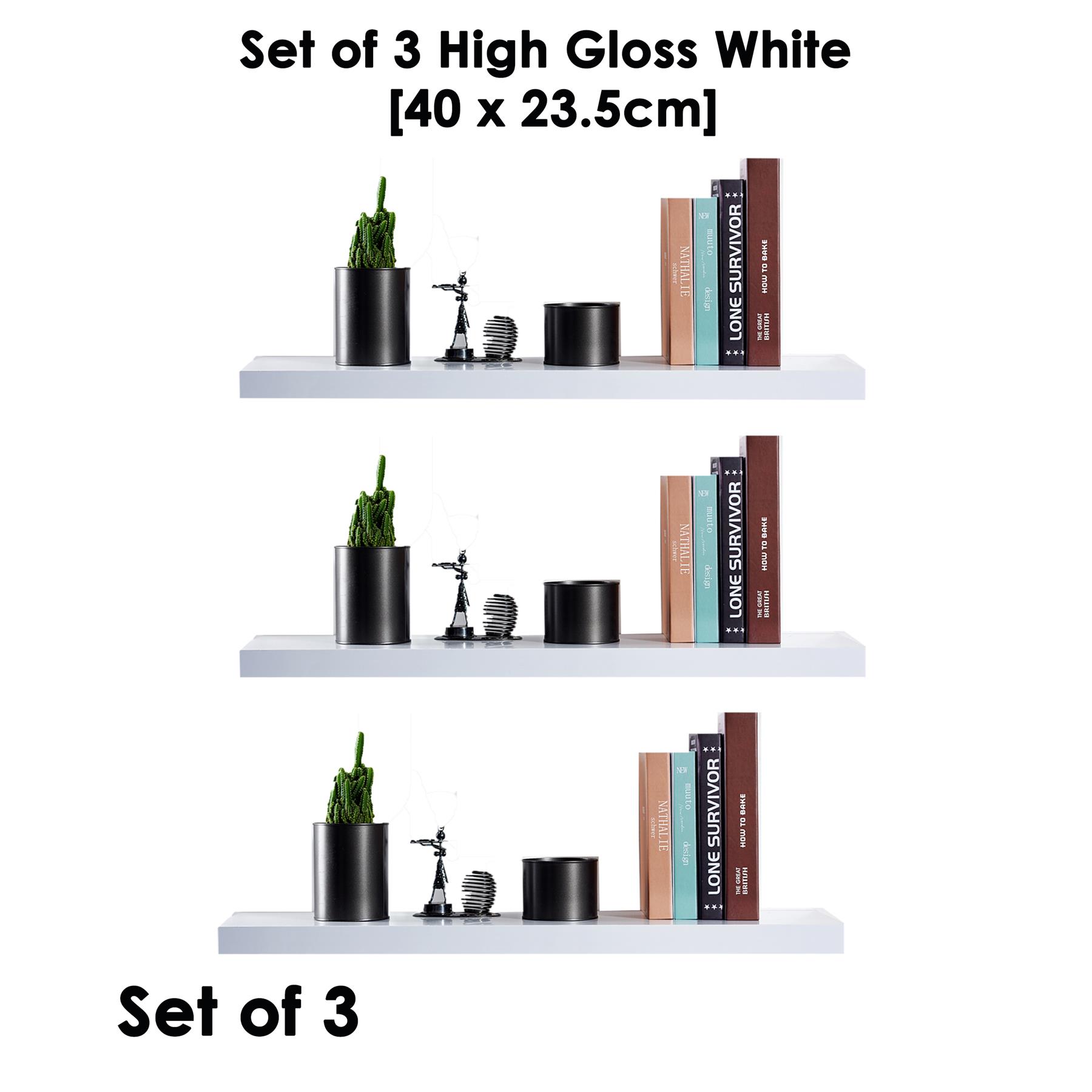 3 x High Gloss Floating Display Wall Mounted Hidden Bracket Shelf [40 x 23.5cm]