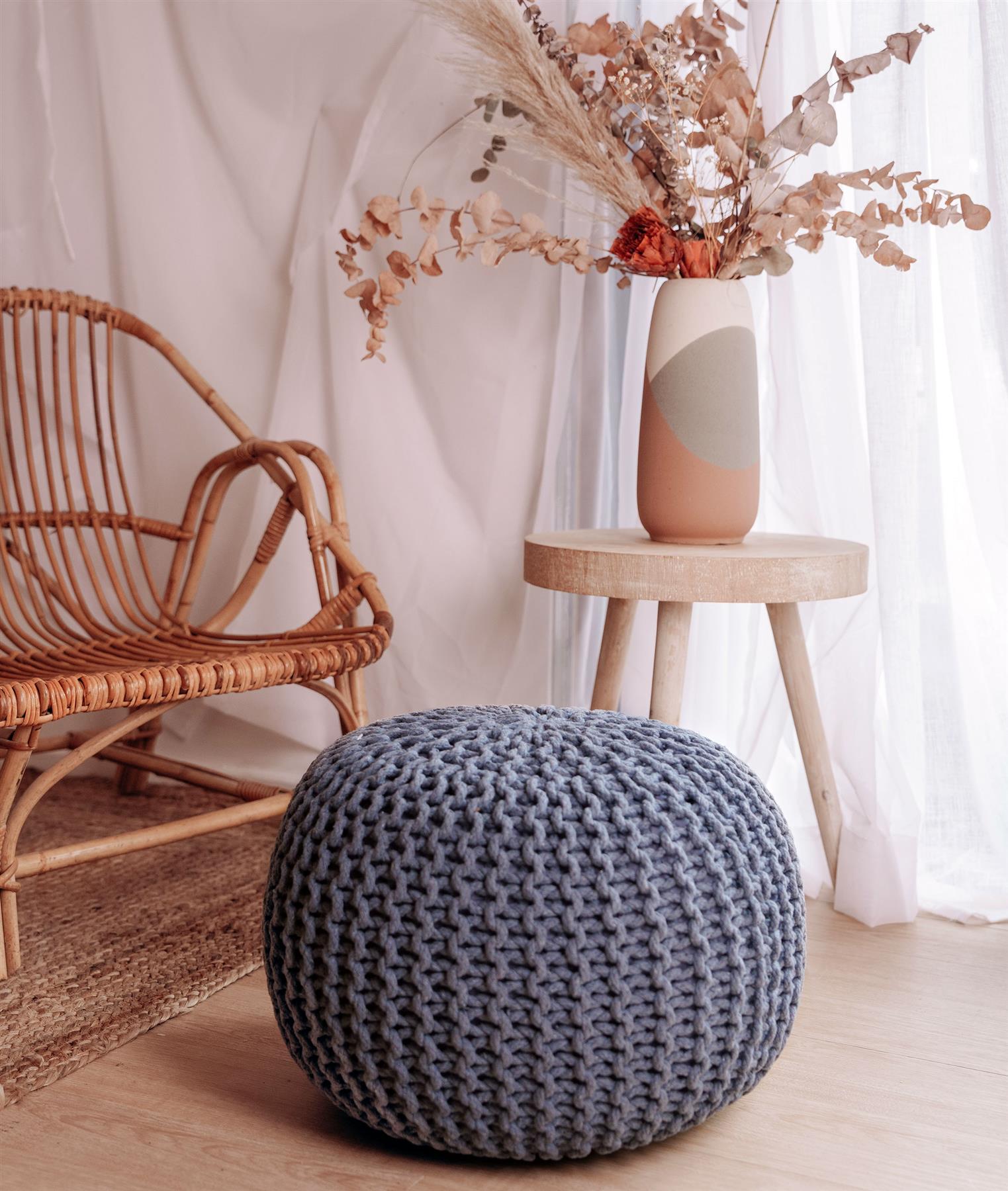 Chunky Knitted Pouffe Braided Beans Ottoman Footstool Round Moroccan Cushion50cm - Picture 24 of 53