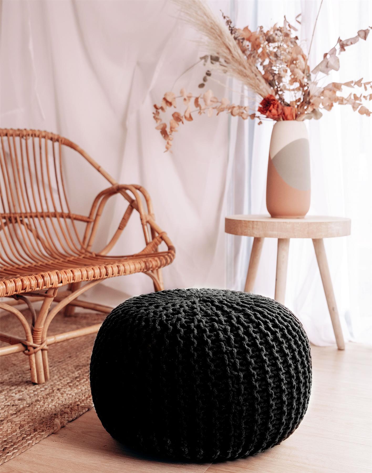 Chunky Knitted Pouffe Braided Beans Ottoman Footstool Round Moroccan Cushion50cm - Picture 4 of 53