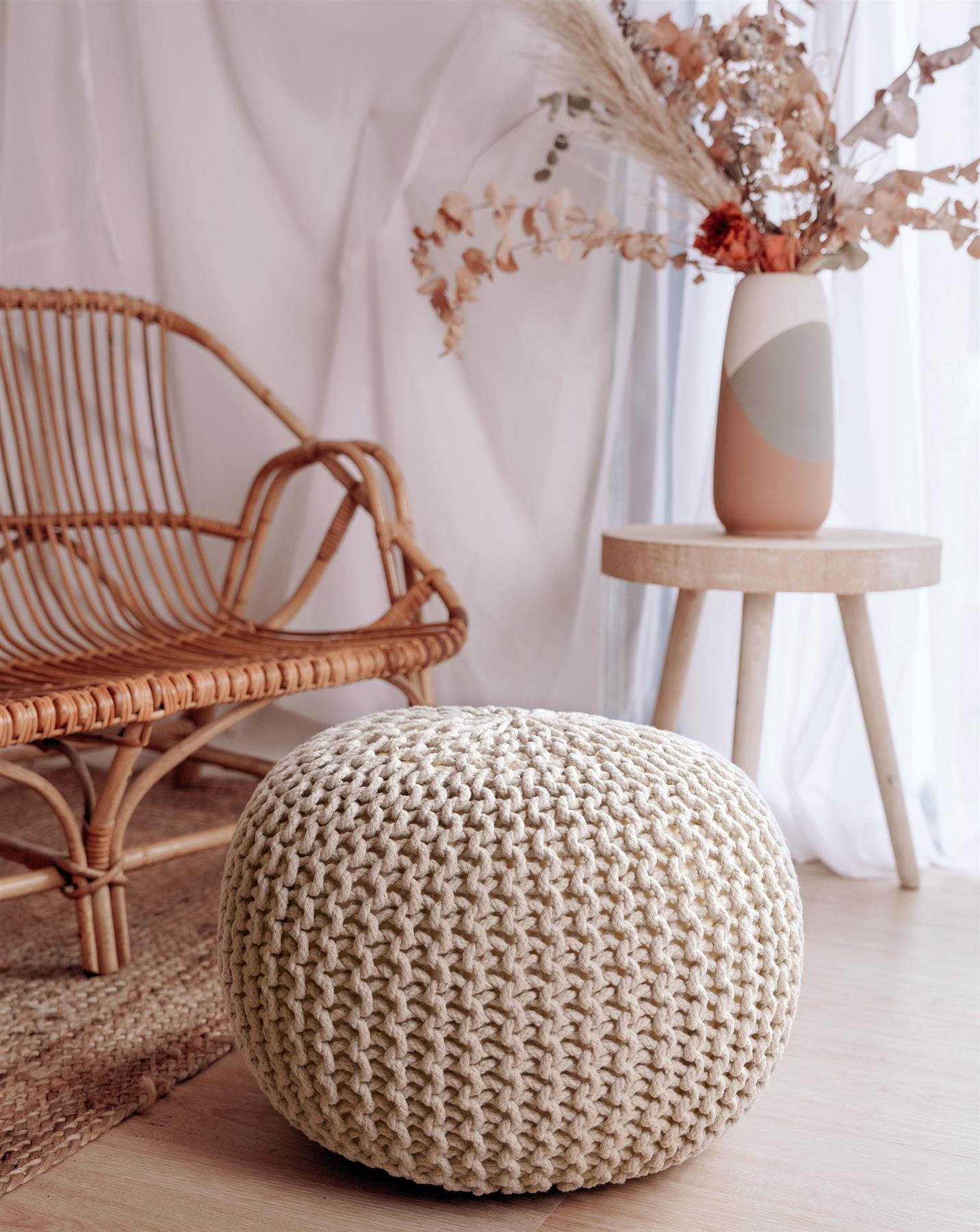 Chunky Knitted Pouffe Braided Beans Ottoman Footstool Round Moroccan Cushion50cm - Picture 19 of 53