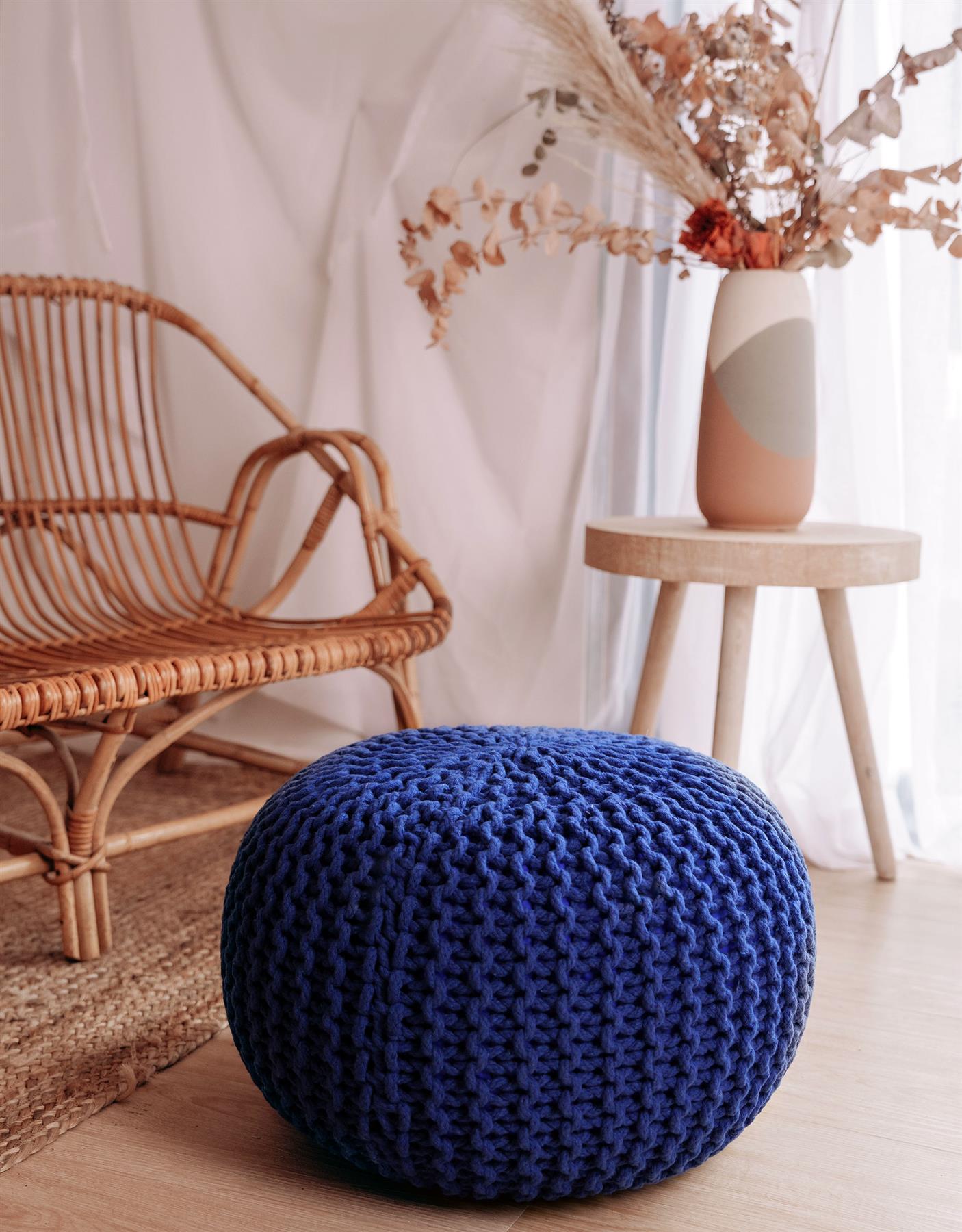 Chunky Knitted Pouffe Braided Beans Ottoman Footstool Round Moroccan Cushion50cm - Picture 9 of 53