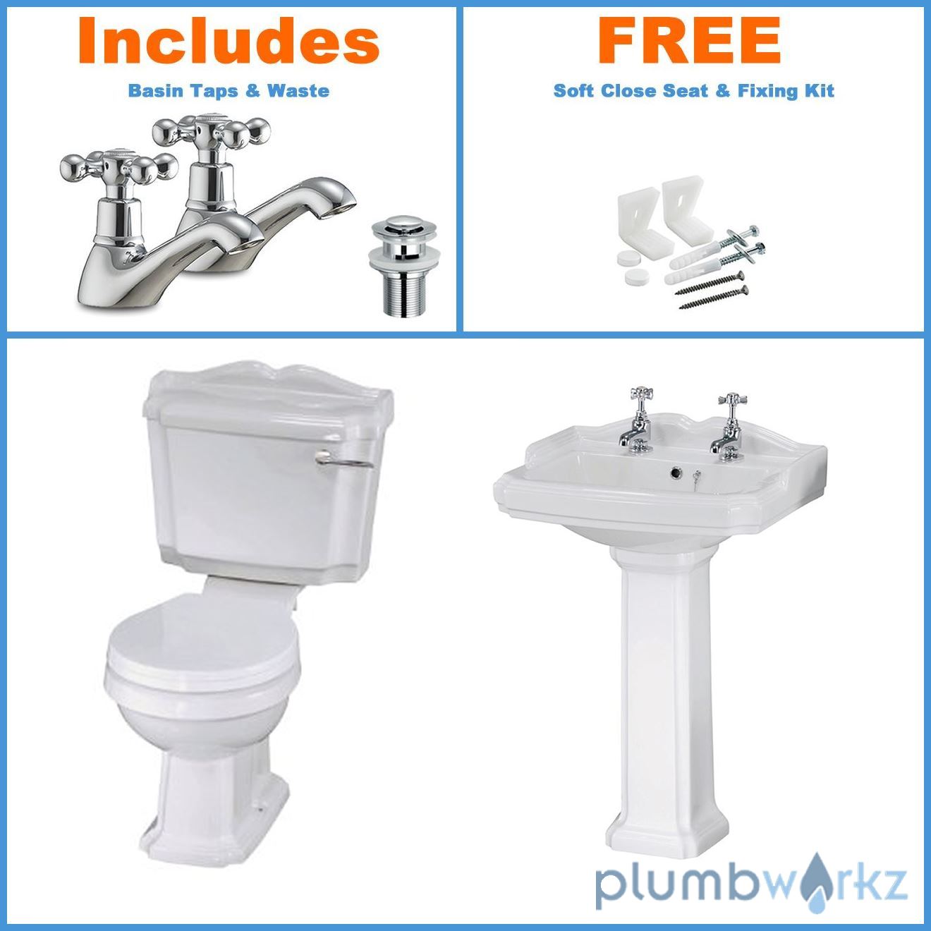 Toilet and Sink Basin Set Suite Cloakroom Traditional Tap Soft Close
