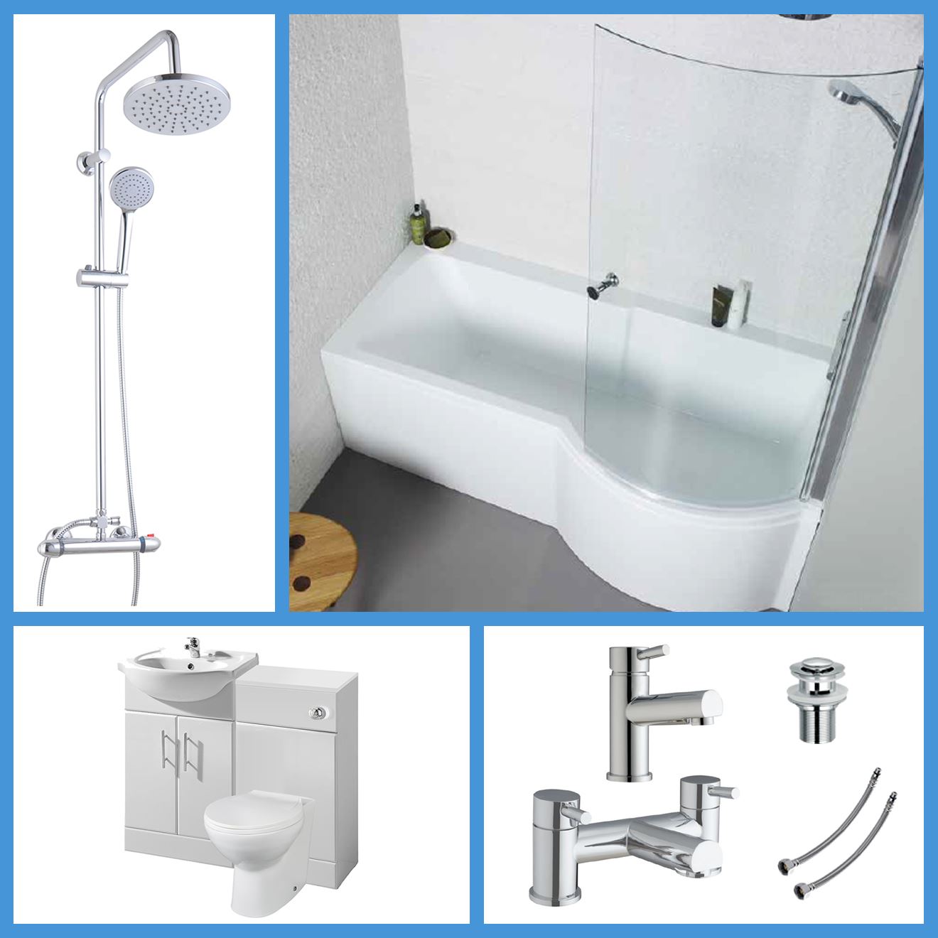 P Shaped Bathroom Suite 1700 Bath 550 Vanity Unit BTW Toilet WC Taps & Shower