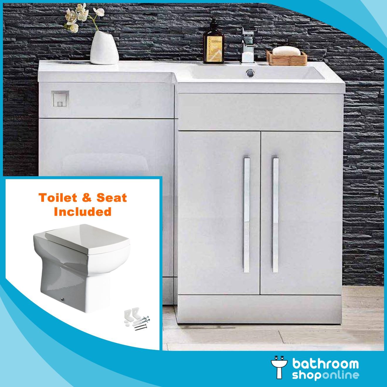 1100mm L Shape White Bathroom Furniture BTW Toilet Vanity WC Unit Resin Basin