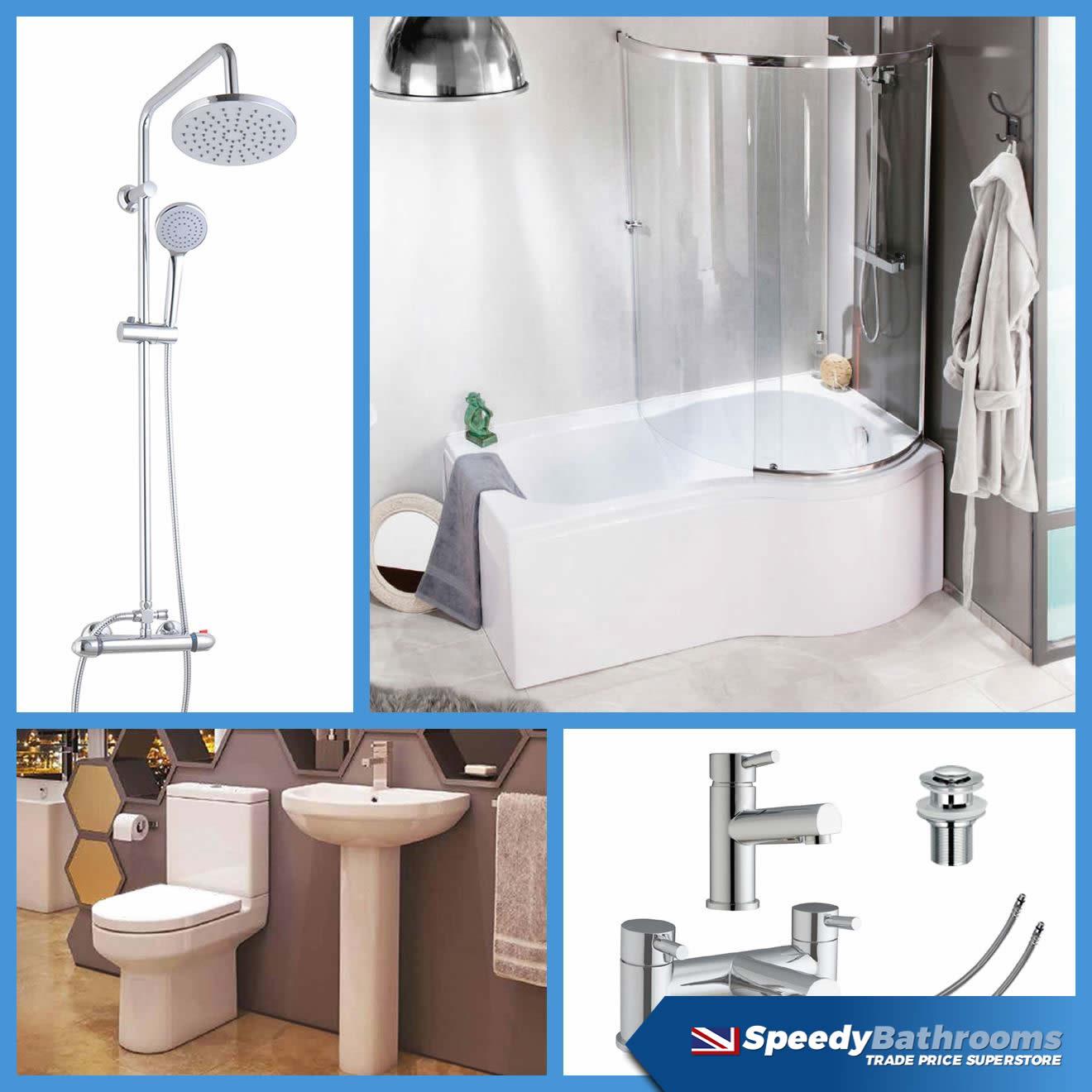 P Shaped Bathroom Suite 1700 Bath BTW Toilet WC Basin Taps & Shower