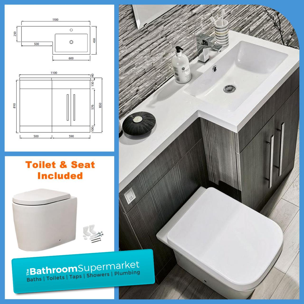 L Shape Grey 1100mm Bathroom Furniture Resin Basin Adam BTW Toilet