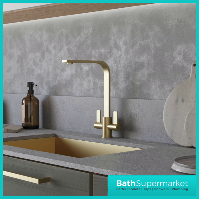 Modern Kitchen Sink Mixer Taps Swivel Spout Twin Lever Tap Mono Brushed Brass - Picture 8 of 10