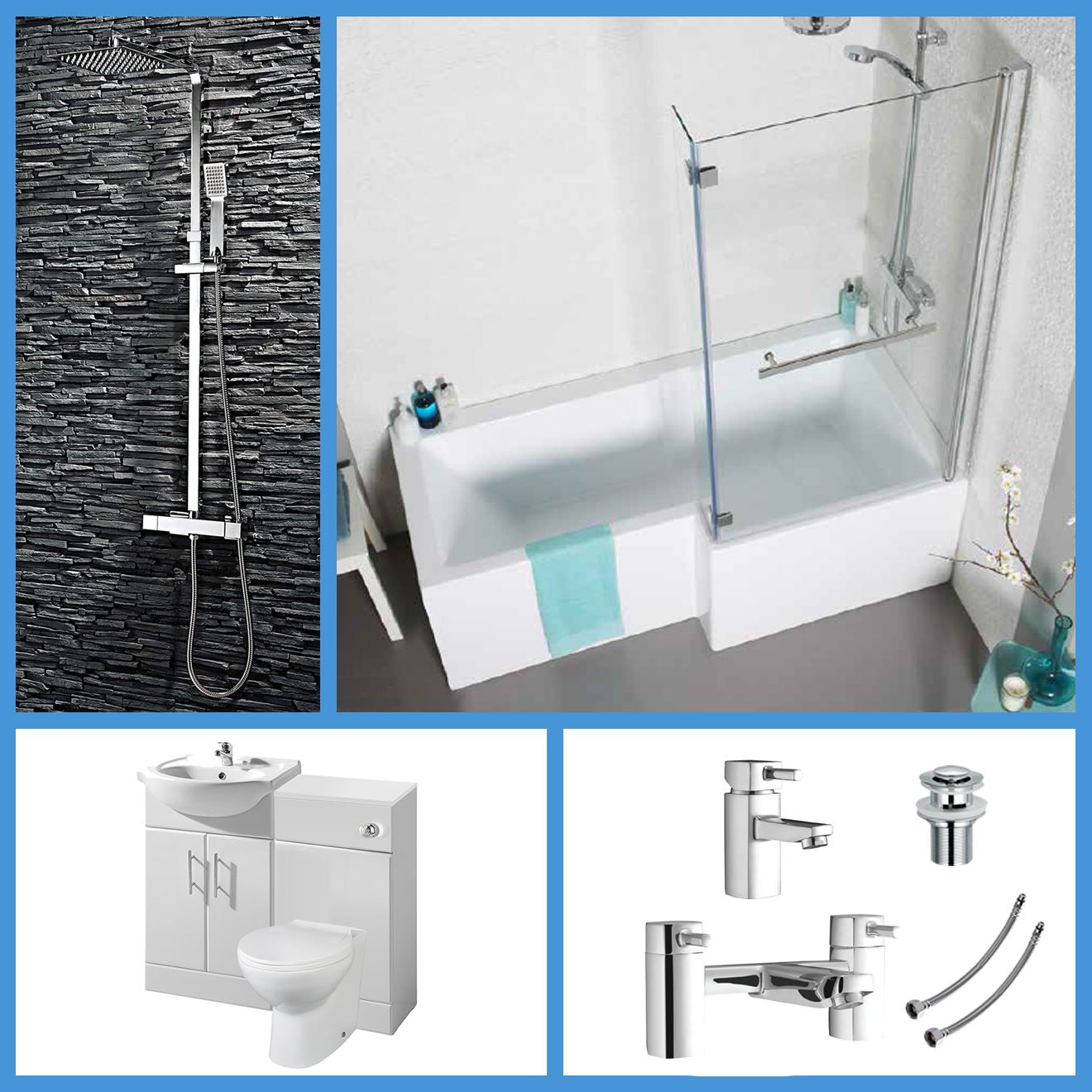 L Shaped Bathroom Suite 1700 Bath 550 Vanity Unit BTW Toilet WC Taps & Shower