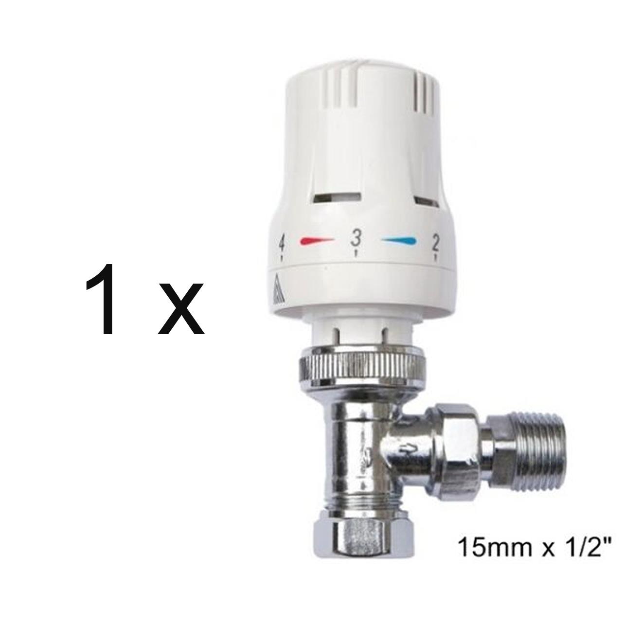 15mm x 1/2" Angled Thermostatic Radiator Valve White Chrome Rad TRV 10mm Reducer