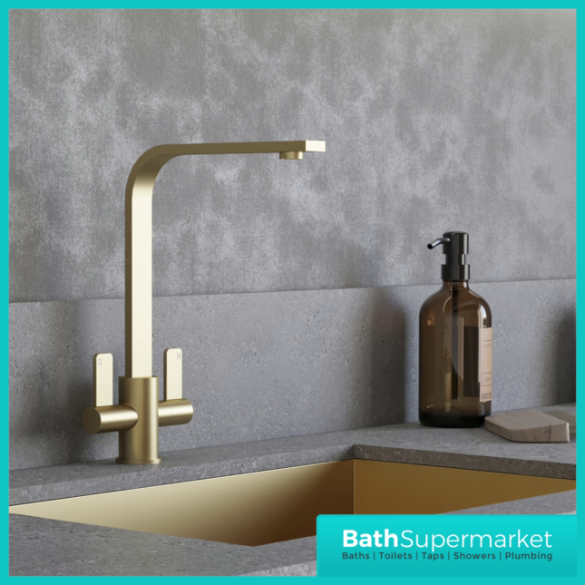Modern Kitchen Sink Mixer Taps Swivel Spout Twin Lever Tap Mono Brushed Brass - Picture 7 of 10