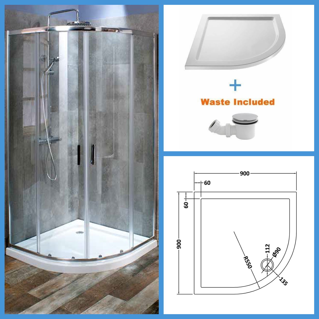 900x900 Quadrant Shower Enclosure Walk In Corner Shower 6mm Glass Door