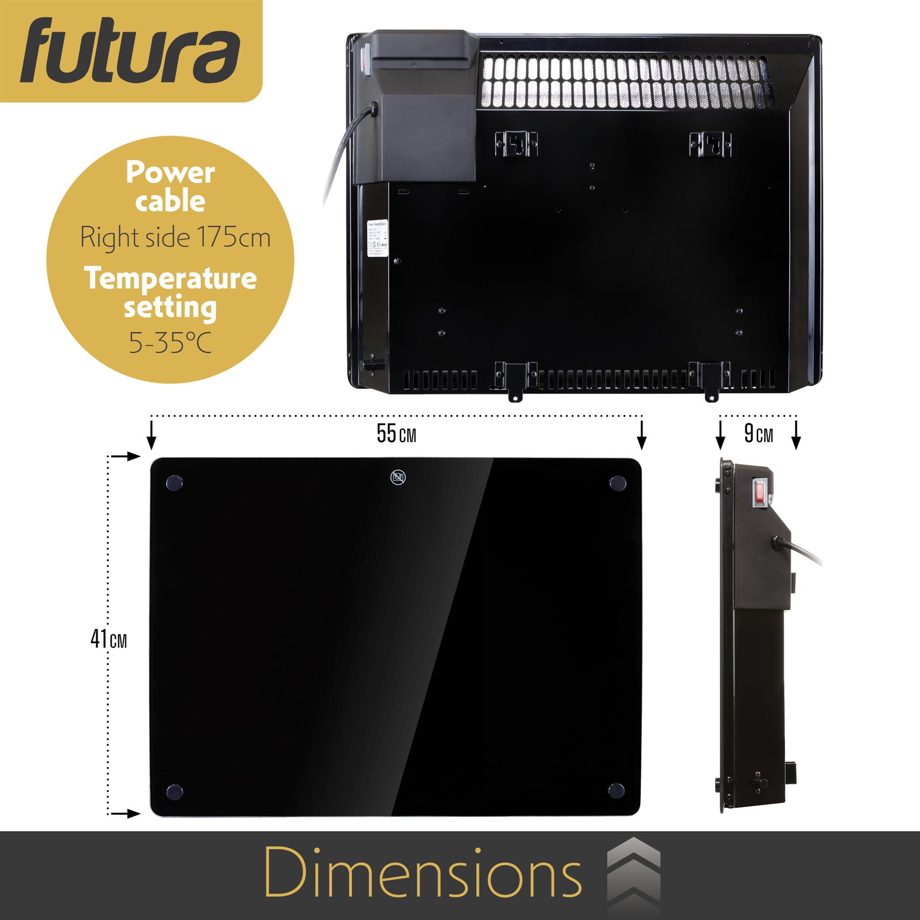 Futura Electric Glass Panel Radiator Heater Wall Mounted Timer Thermostat Black - Picture 13 of 33