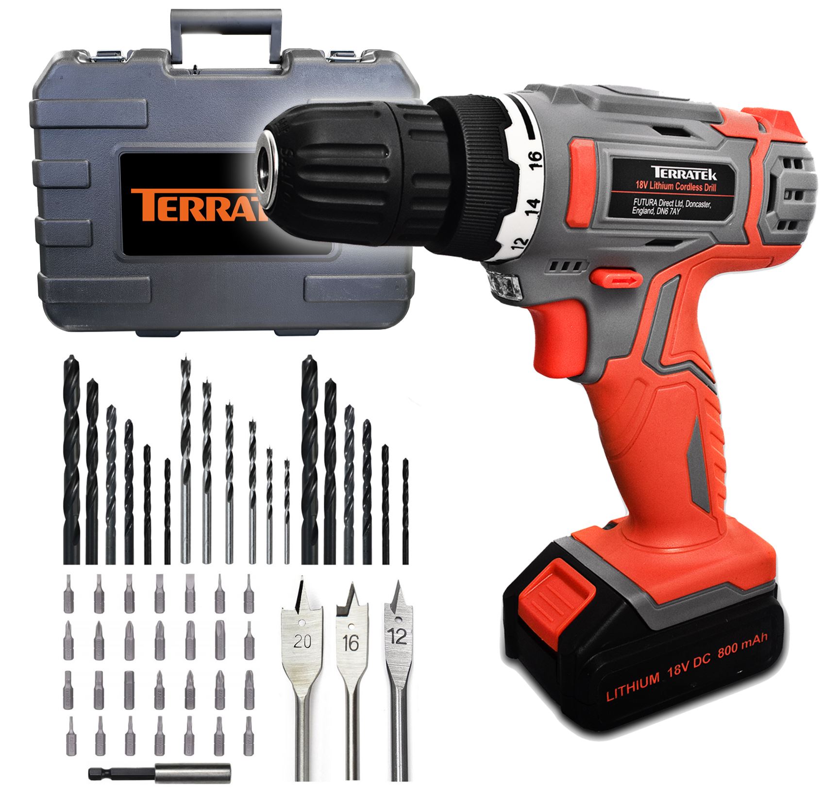 TERRATEK® 18V CORDLESS DRILL SET ELECTRIC SCREWDRIVER COMBI DRILL