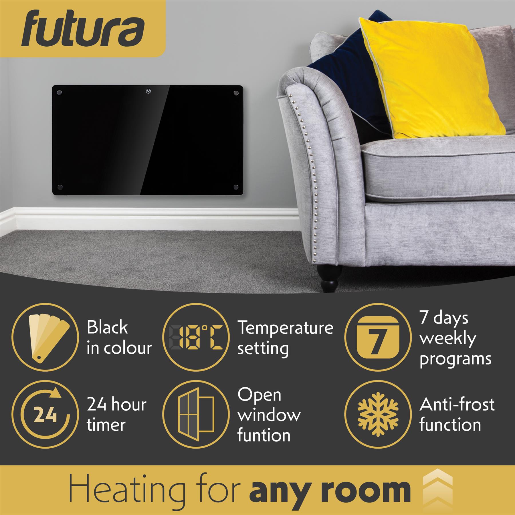 Futura Electric Glass Panel Radiator Heater Wall Mounted Timer Thermostat Black - Picture 20 of 33