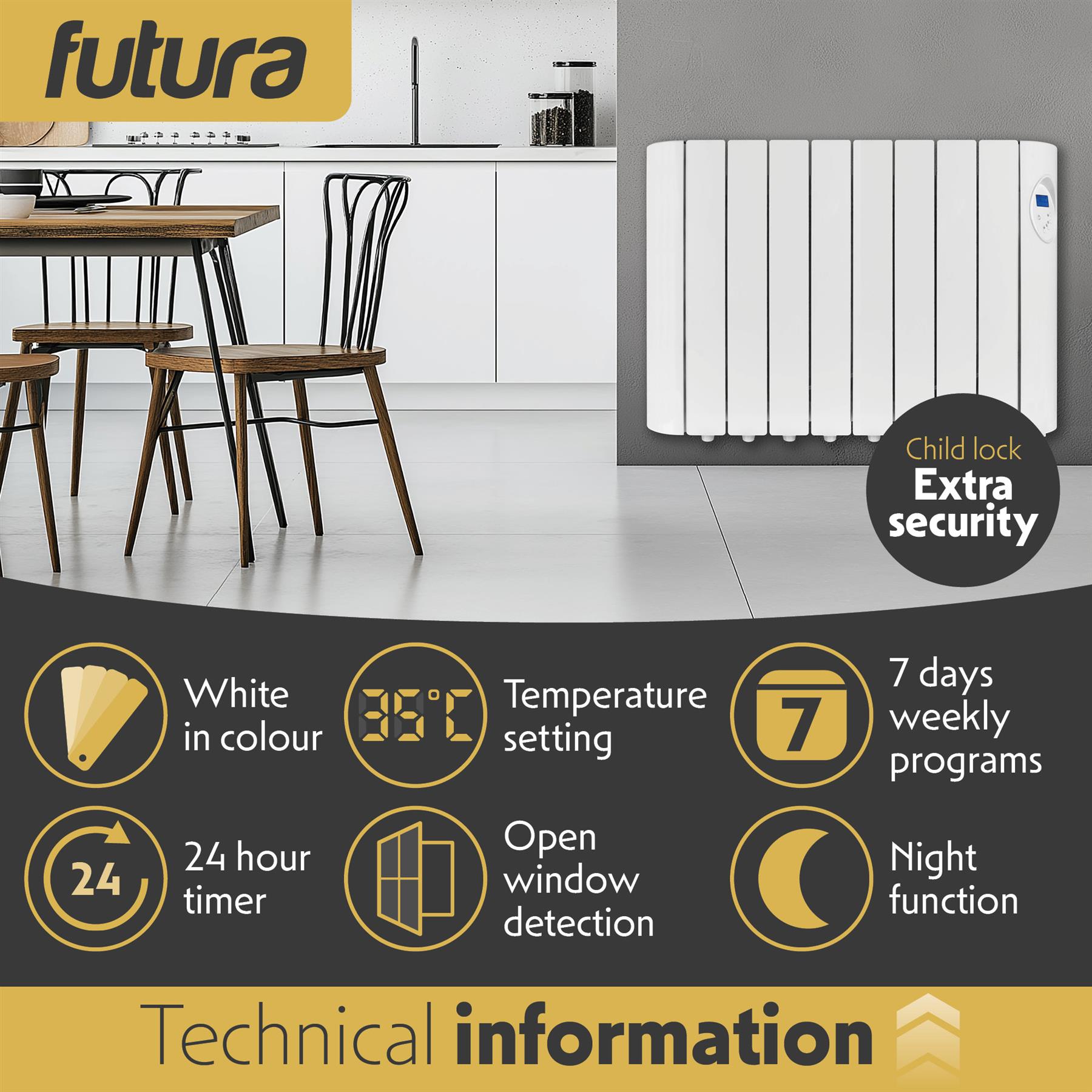 Futura Oil Filled Radiator Electric Panel Heater Wall Mounted 24/7 Timer White - Produktbild 2