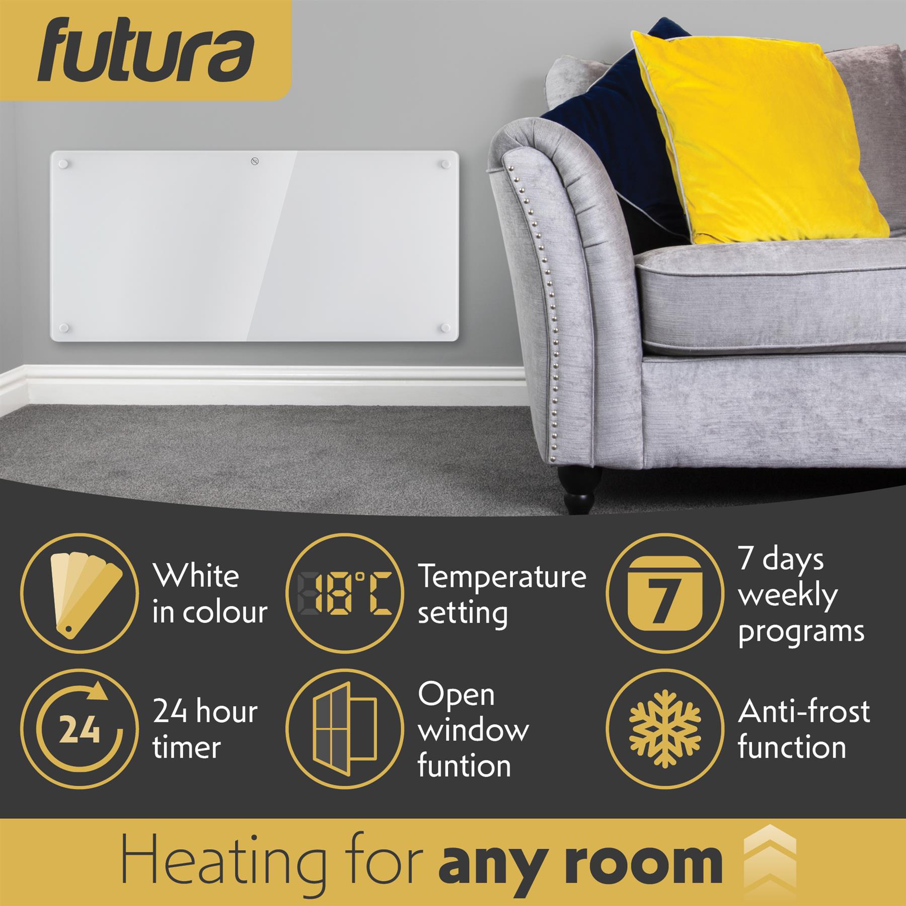 Futura Electric Glass Panel Radiator Heater Wall Mounted Timer Thermostat White - Picture 27 of 32