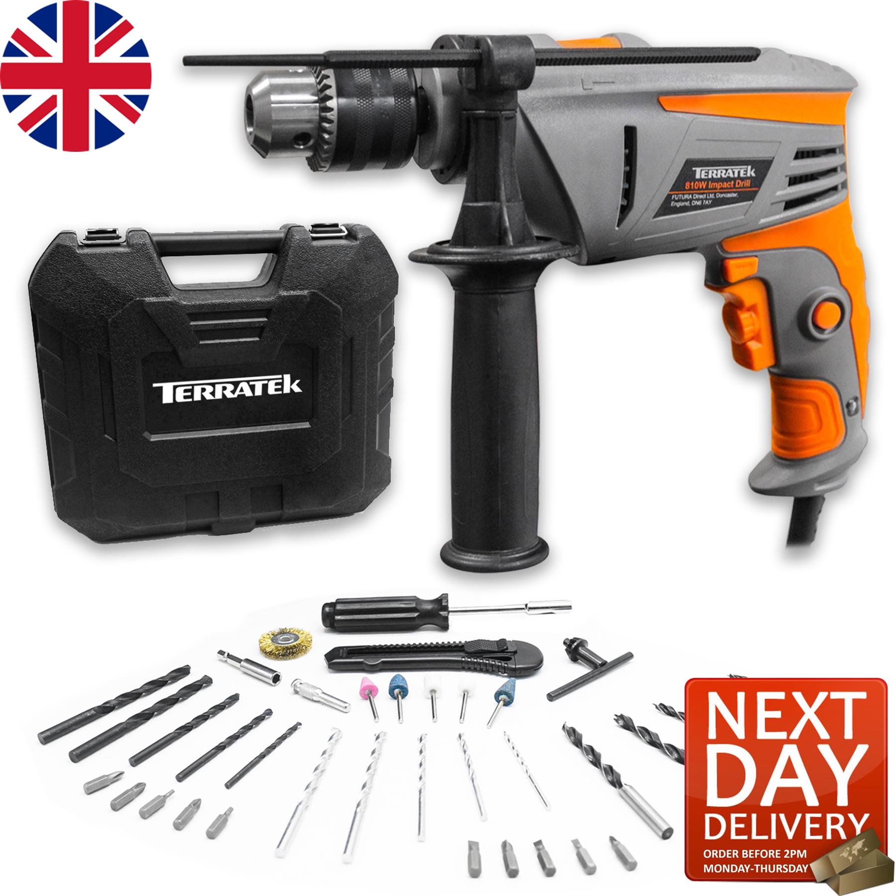 Terratek 810W Electric Corded Impact Hammer Drill with Drill Bit Set