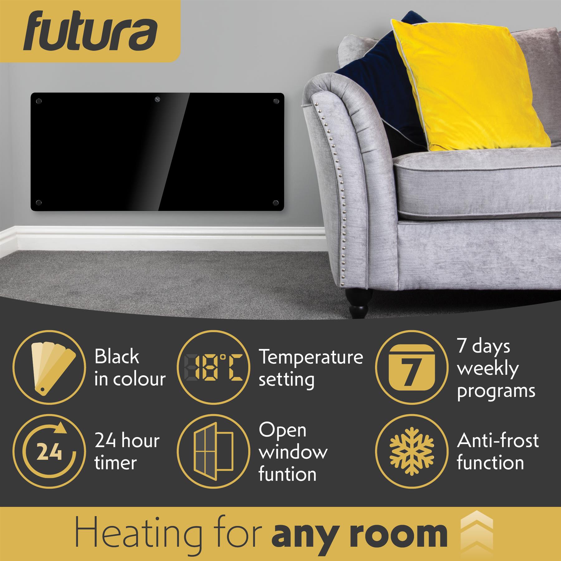 Futura Electric Glass Panel Radiator Heater Wall Mounted Timer Thermostat Black - Picture 28 of 33