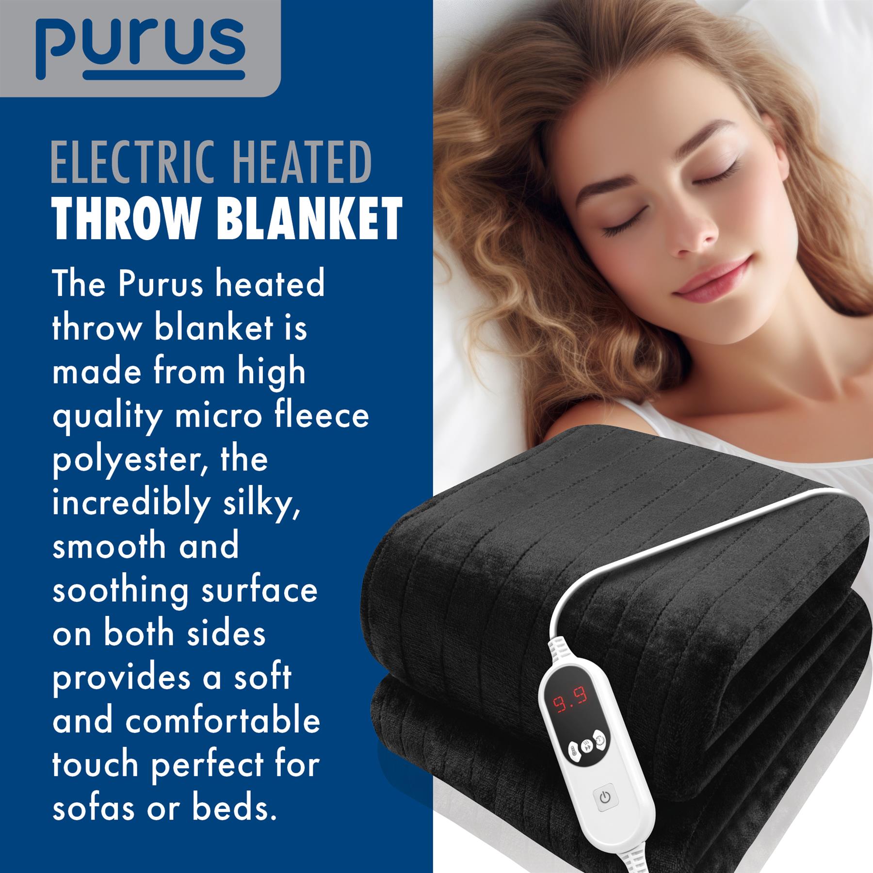 Purus Luxury Electric Heated Throw Blanket Bed Sofa Timer Double Soft Fleece - Picture 27 of 54