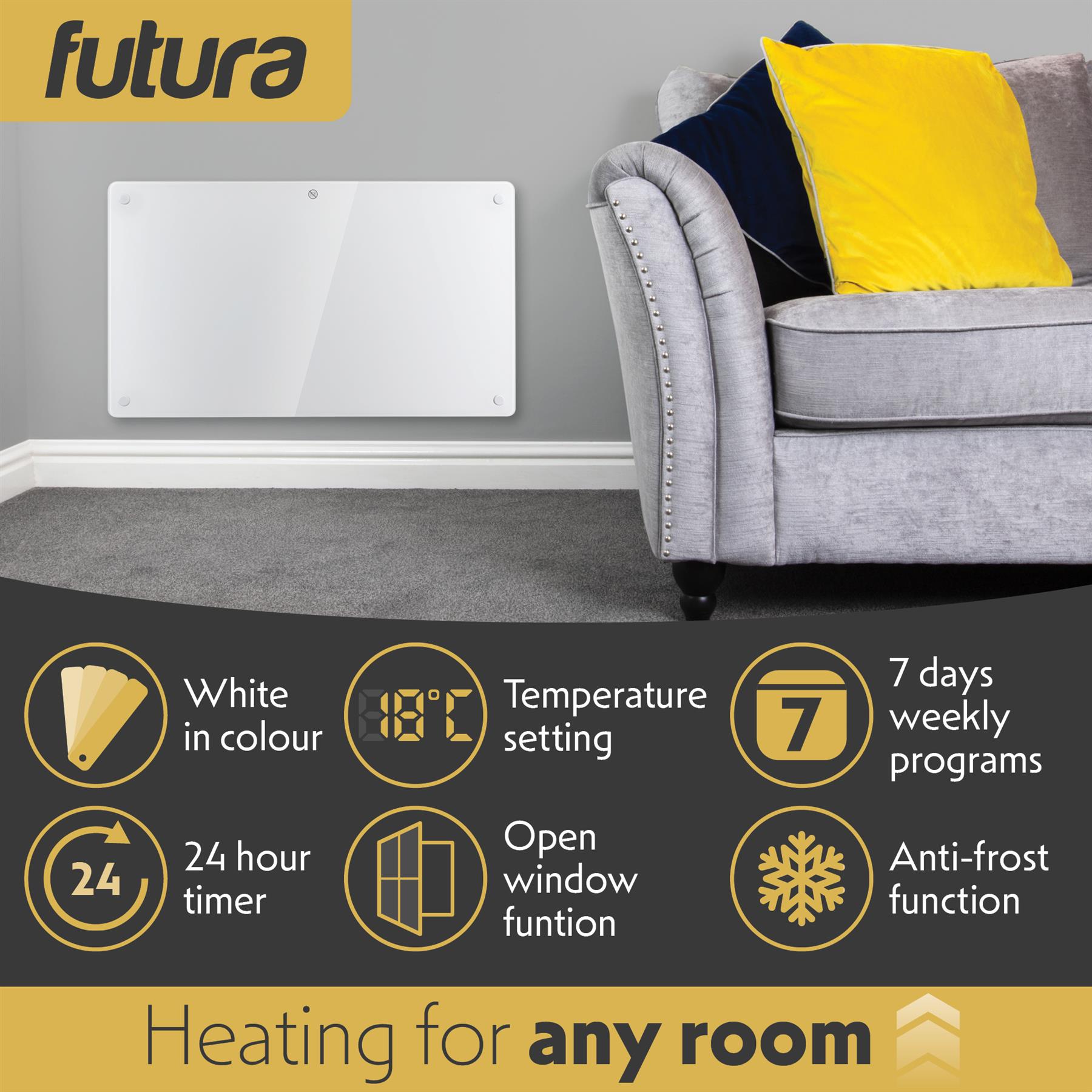 Futura Electric Glass Panel Radiator Heater Wall Mounted Timer Thermostat White - Picture 19 of 32