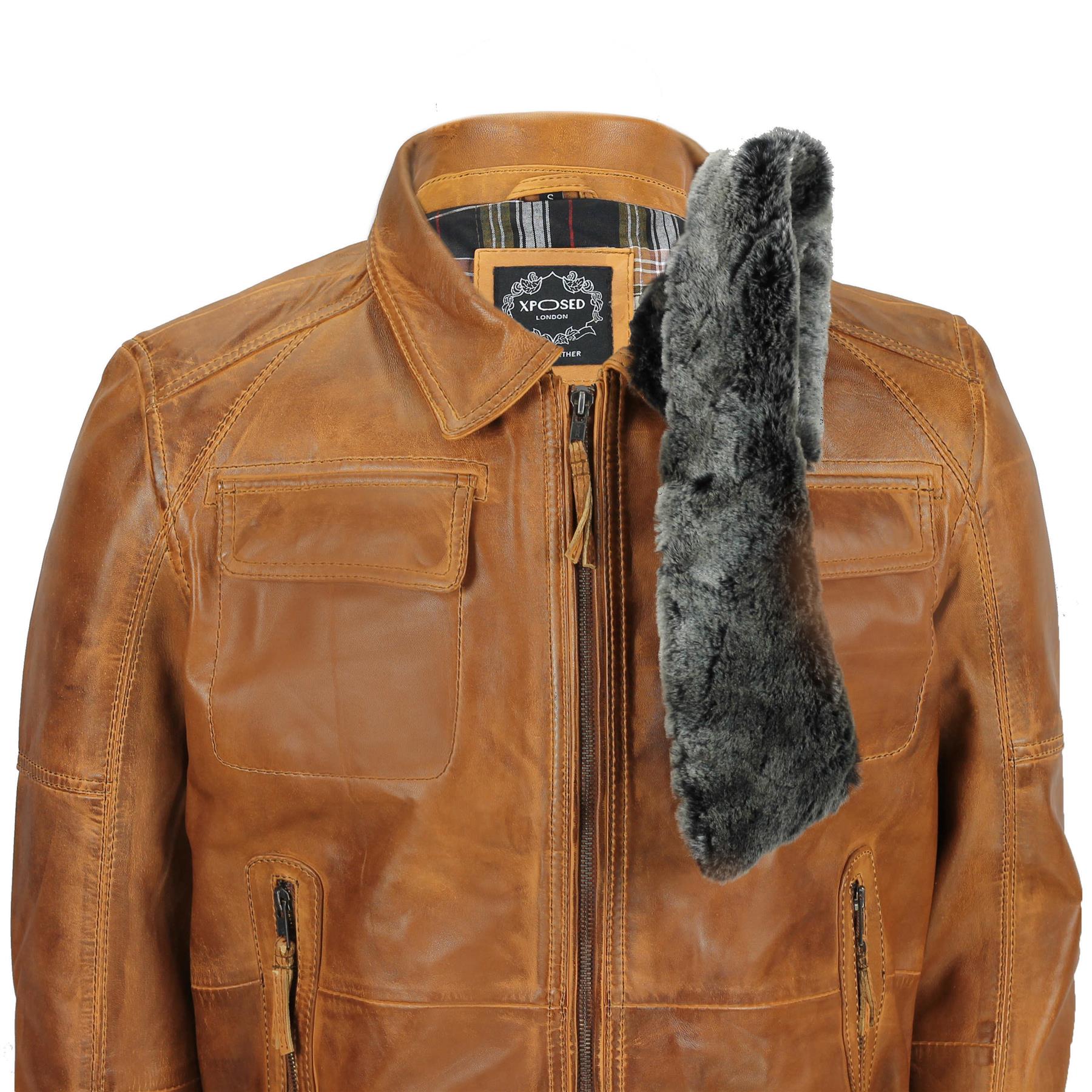 Mens Real Leather Vintage Bomber Pilot Jacket Fur Collar Retro