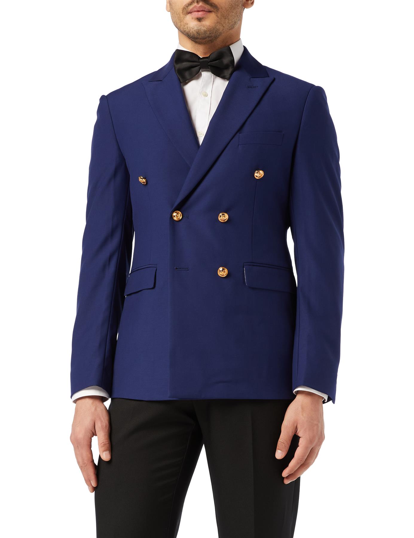 Mens Classic Fitted Double Breasted Navy Blue Blazer Gold