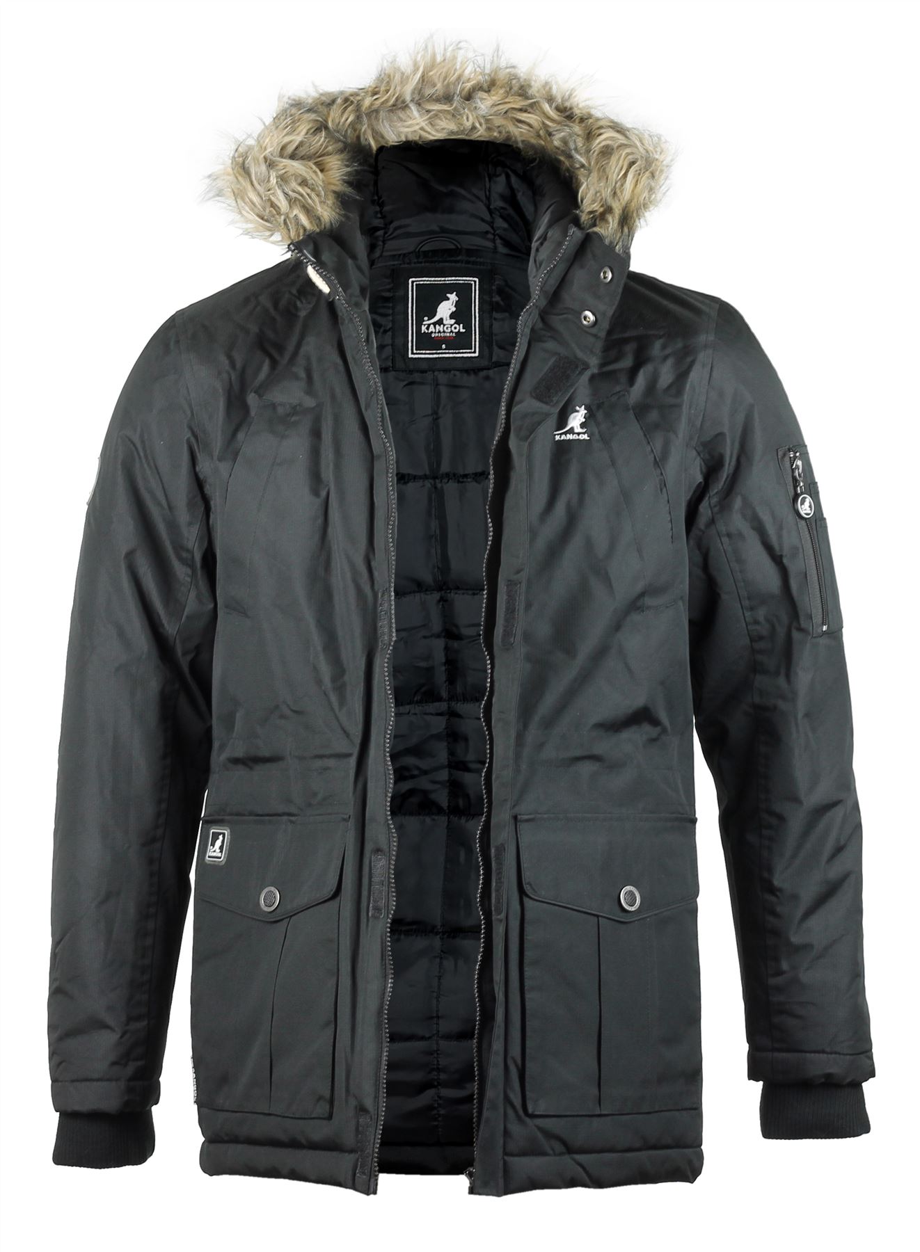 Mens Kangol Winter Heavy Duty Padded Parka Jacket Faux Fur Hood Parka