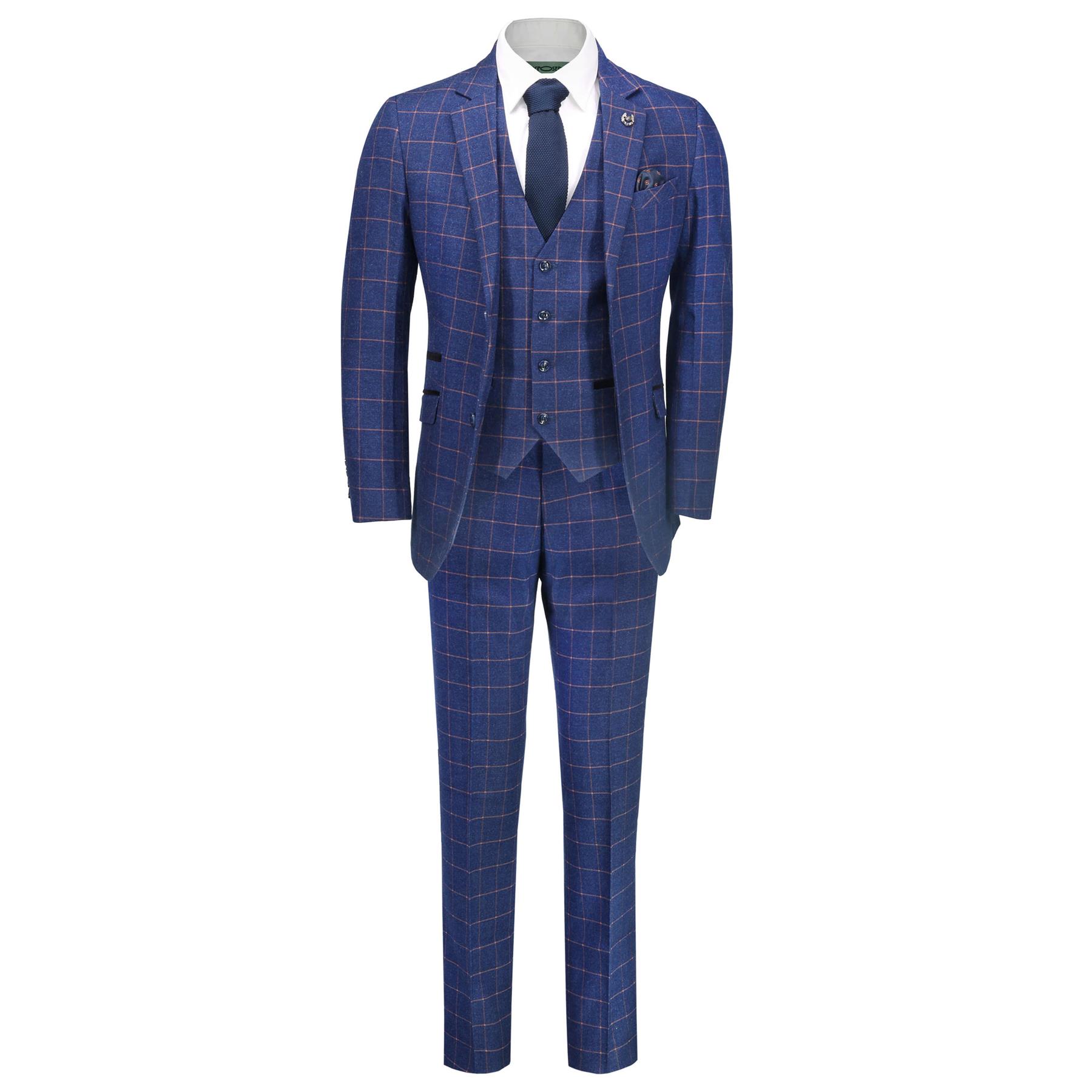 ROGER - Mens 3 Piece Check Suit Retro Smart Tailored Fit