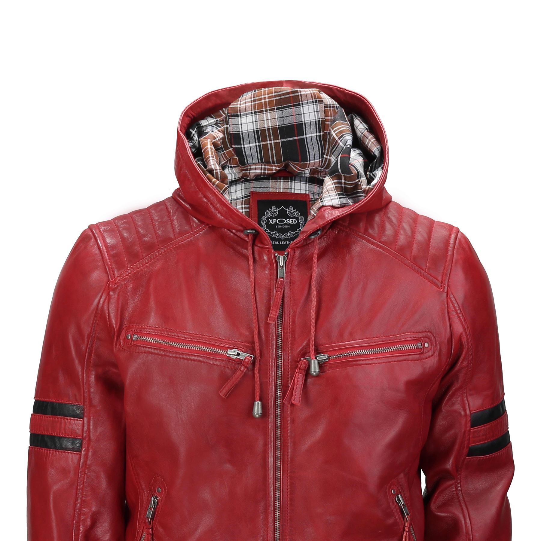 XPOSED Mens Real Leather Hood Bomber Jacket Biker Slim Fit Quilted