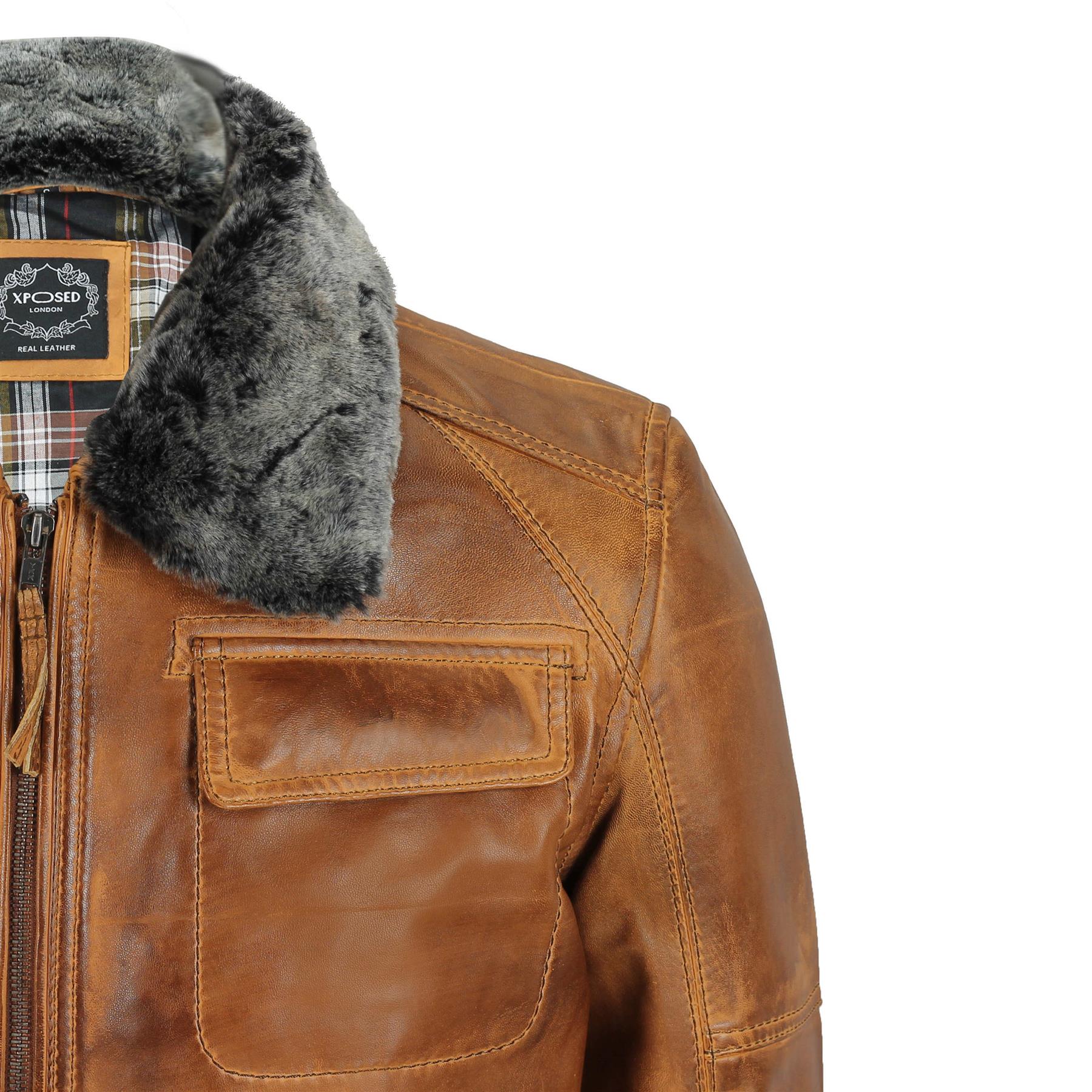 Mens Real Leather Vintage Bomber Pilot Jacket Fur Collar