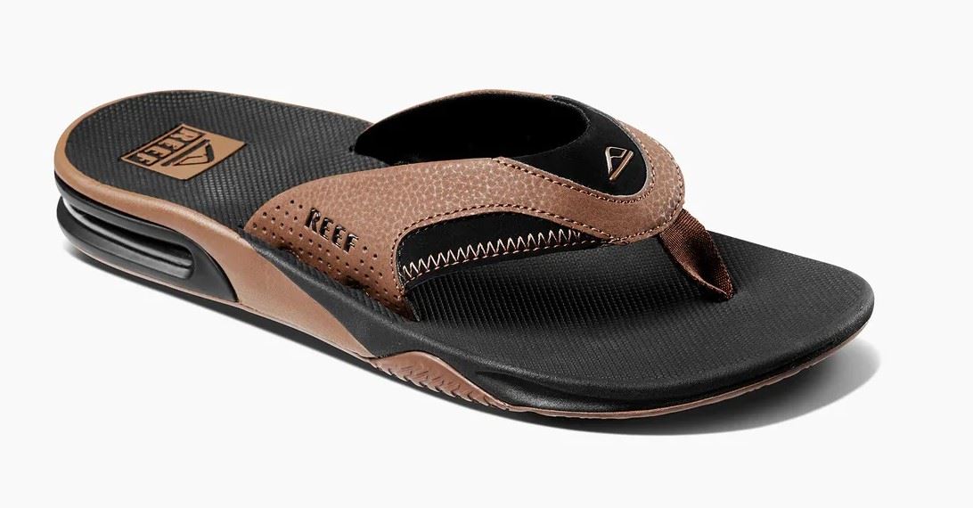 Reef Sandals Mens Fanning Water Friendly Black Tan Bottle Opener.