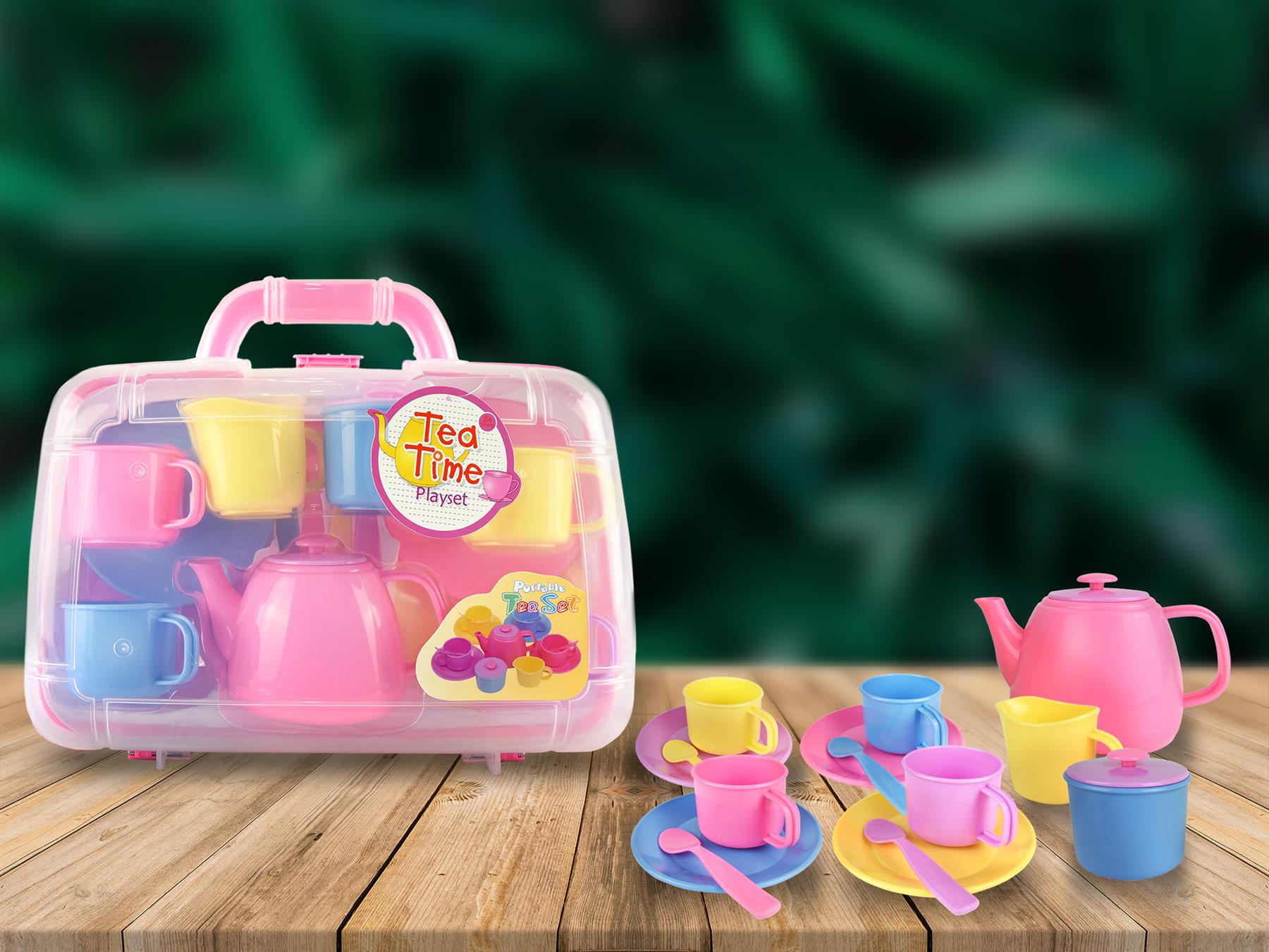 Vinsani Kids 15 Piece Pink Portable Plastic Tea Set with Carry Case for