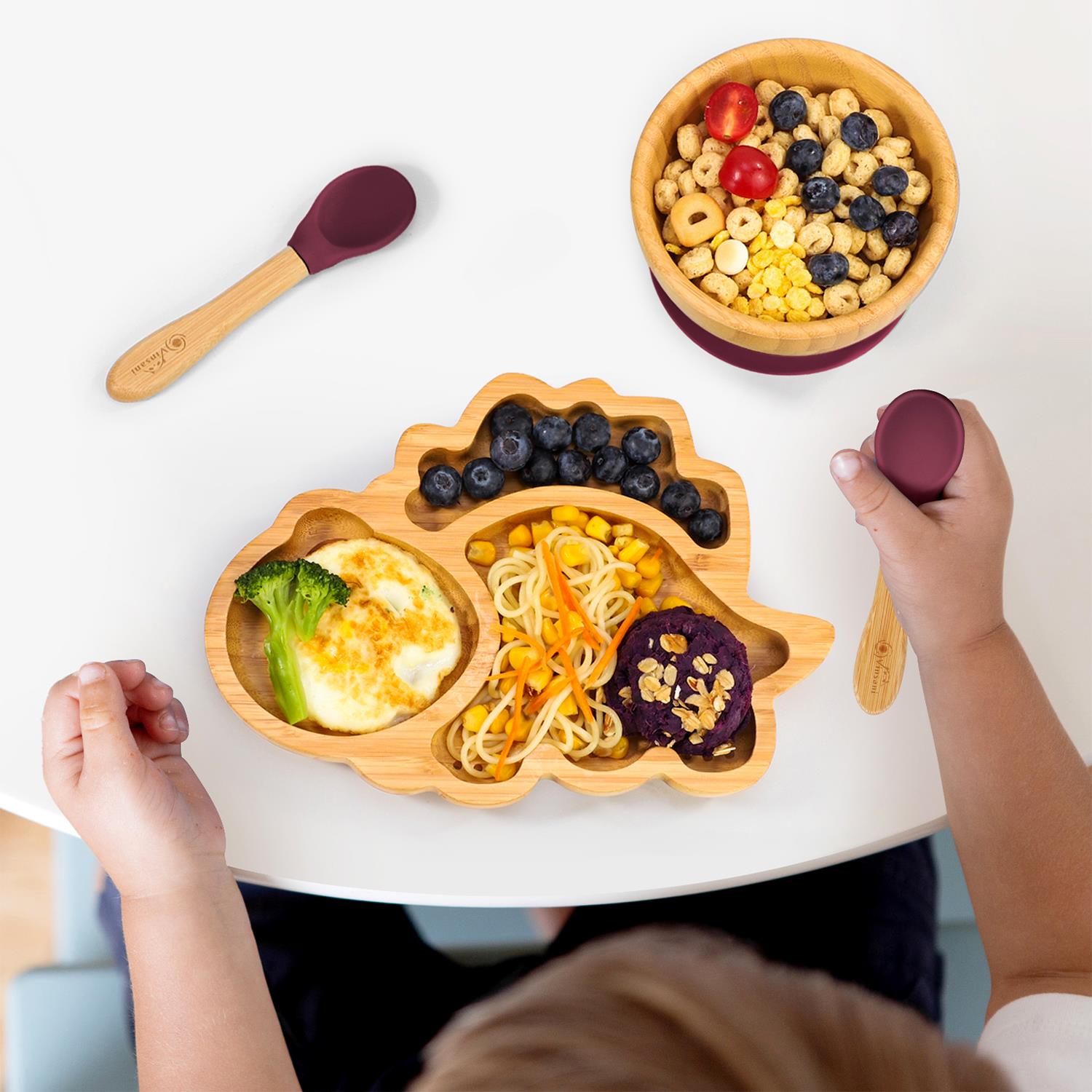 Vinsani Bamboo Dinosaur Plate Bowl & Spoon Set Suction Bowl Stay-Put Design - Picture 54 of 73