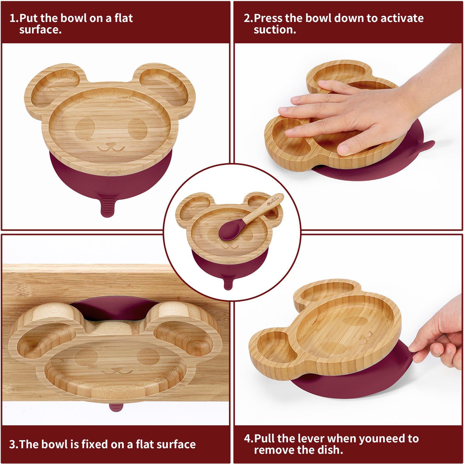 Vinsani Mouse Bamboo Plate and Spoon Set Suction Plate Stay-Put Design - Picture 49 of 61