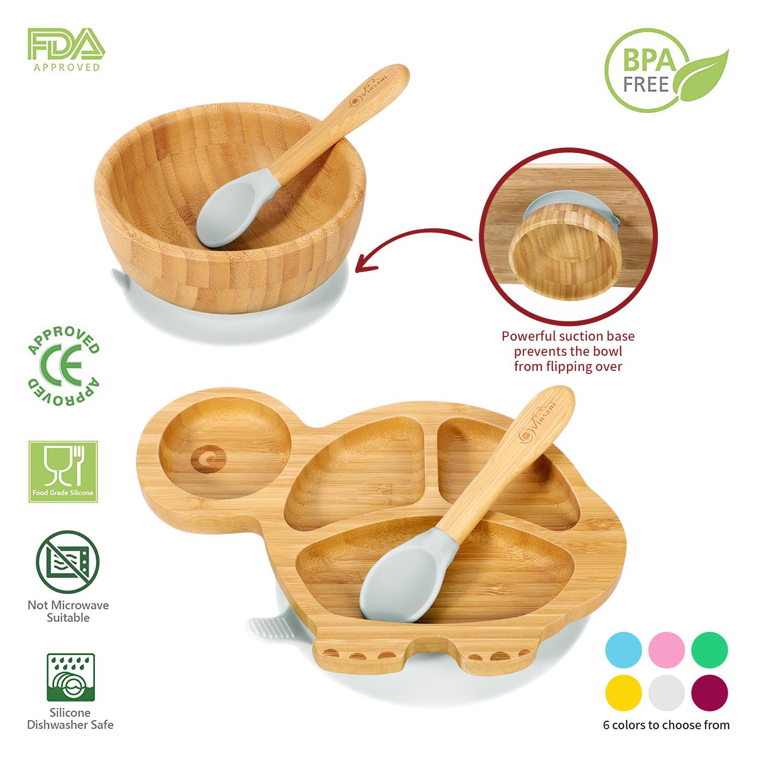 Vinsani Bamboo Turtle Plate Bowl & Spoon Set Suction Bowl Stay-Put Design - Picture 27 of 73