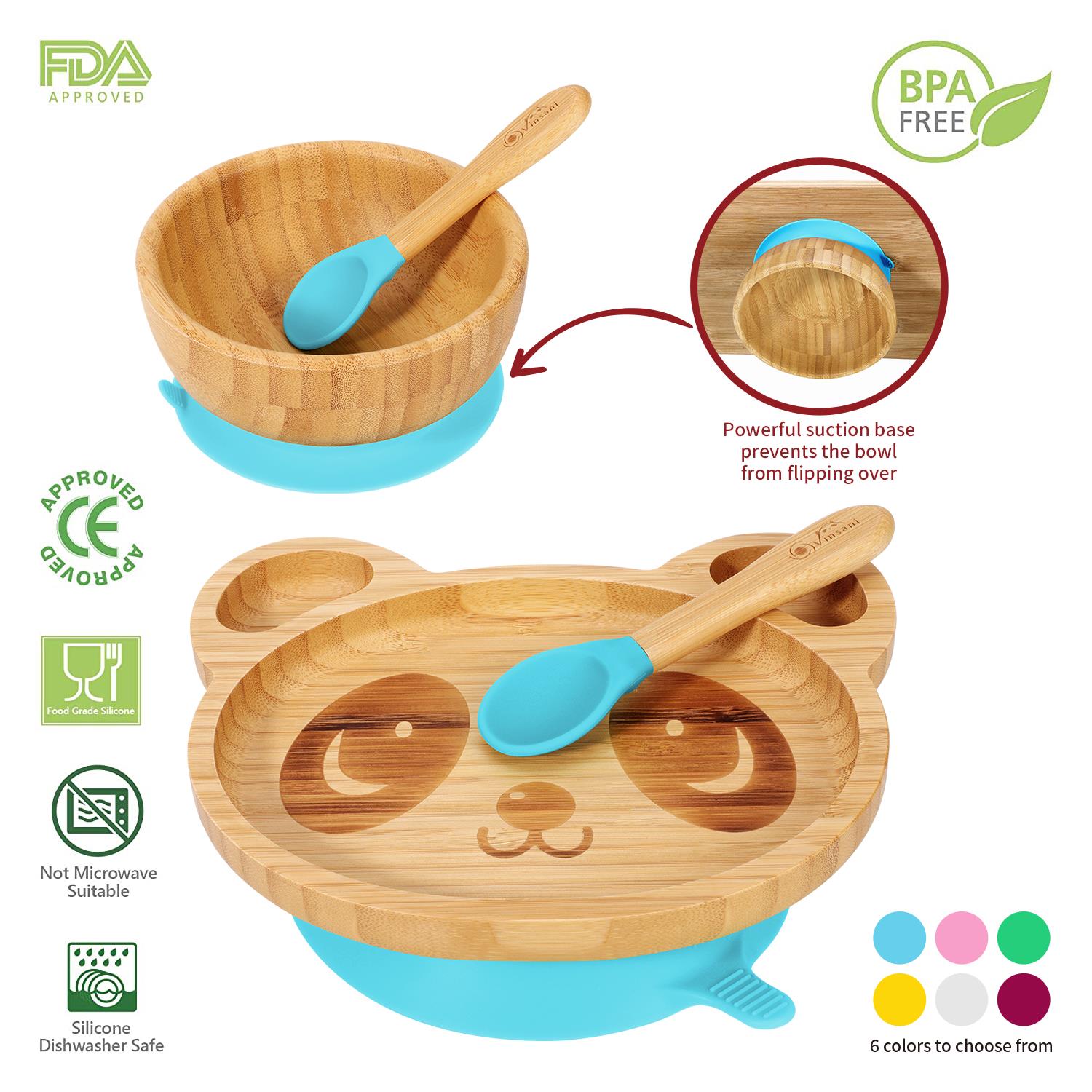 Vinsani Bamboo Panda Plate Bowl & Spoon Set Suction Bowl Stay-Put Design - Picture 3 of 73