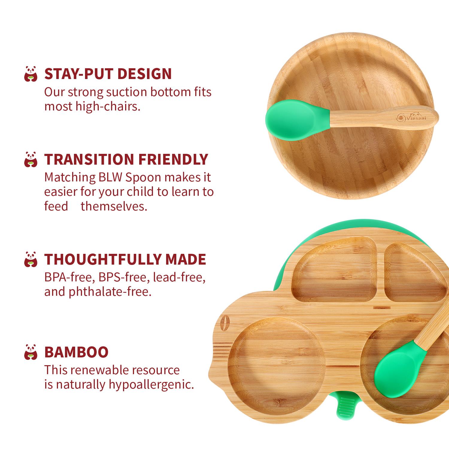 Vinsani Bamboo Car Plate Bowl & Spoon Set Suction Bowl Stay-Put Design for Kids - Picture 16 of 67