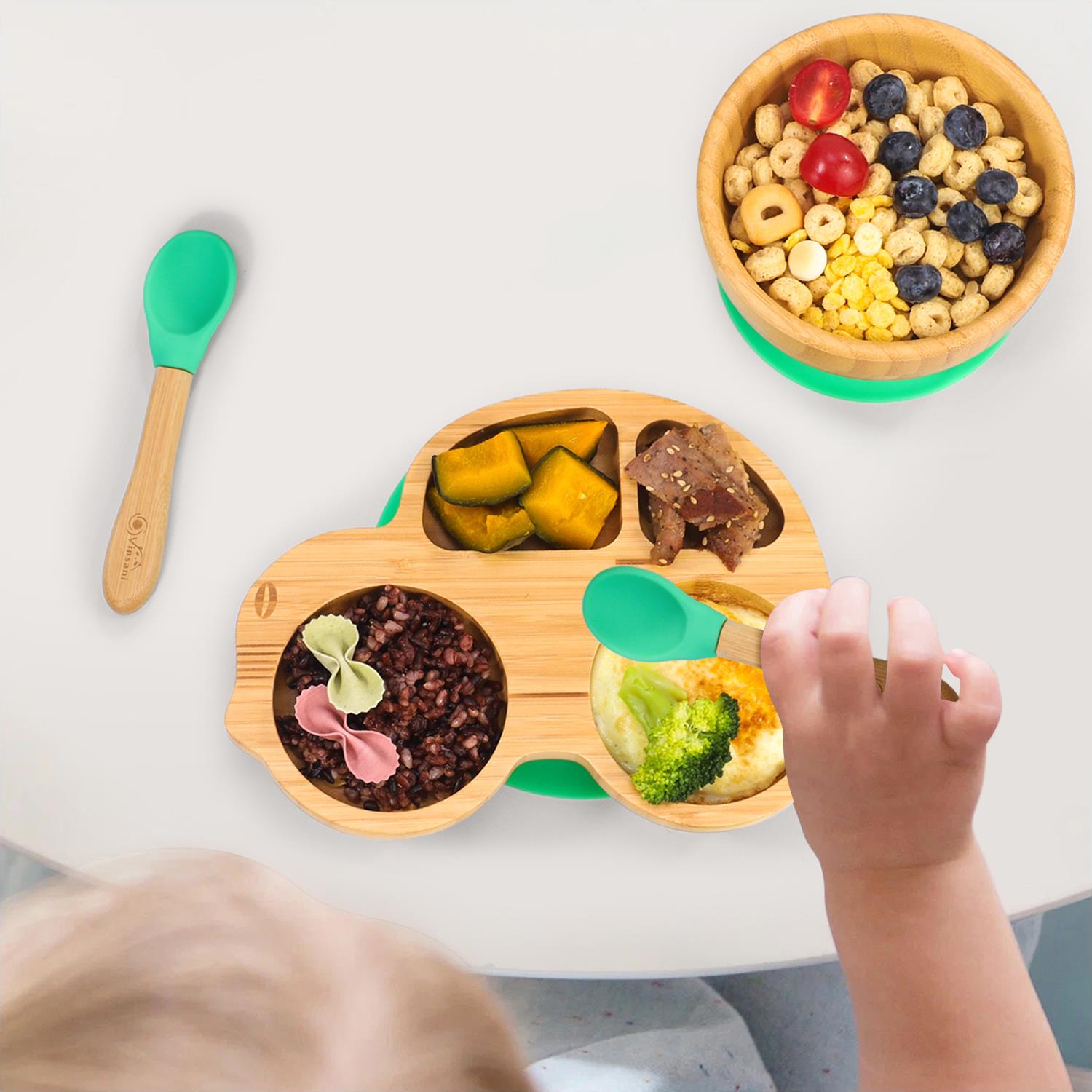 Vinsani Bamboo Car Plate Bowl & Spoon Set Suction Bowl Stay-Put Design for Kids - Picture 17 of 67