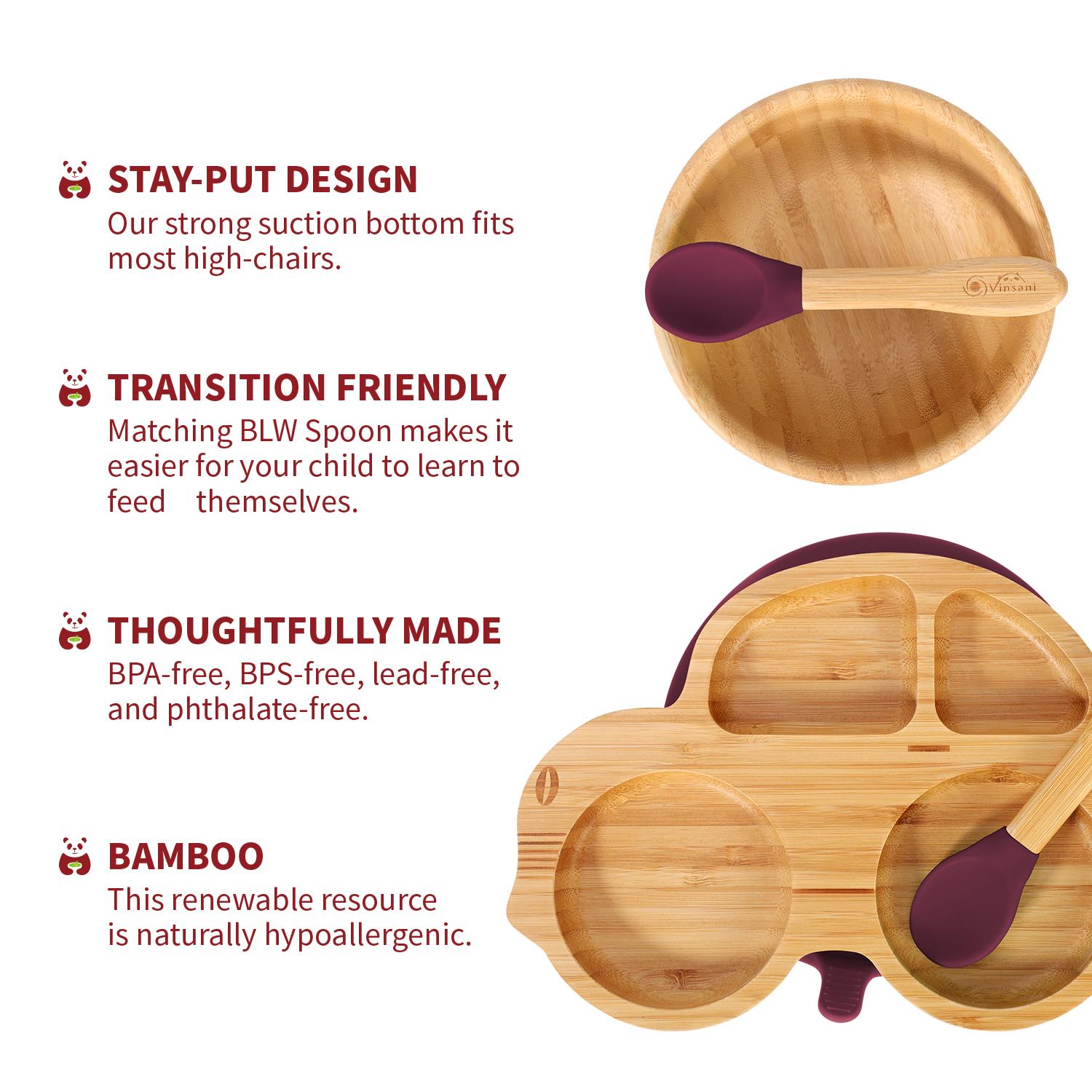 Vinsani Bamboo Car Plate Bowl & Spoon Set Suction Bowl Stay-Put Design for Kids - Picture 49 of 67