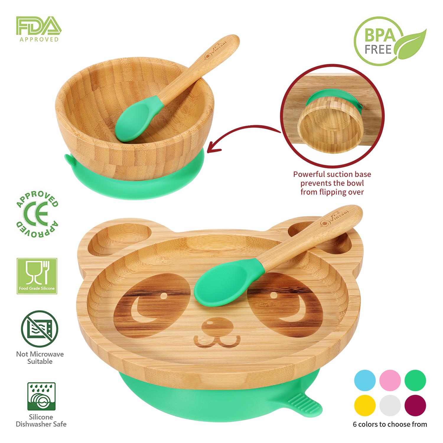 Vinsani Bamboo Panda Plate Bowl & Spoon Set Suction Bowl Stay-Put Design - Picture 15 of 73
