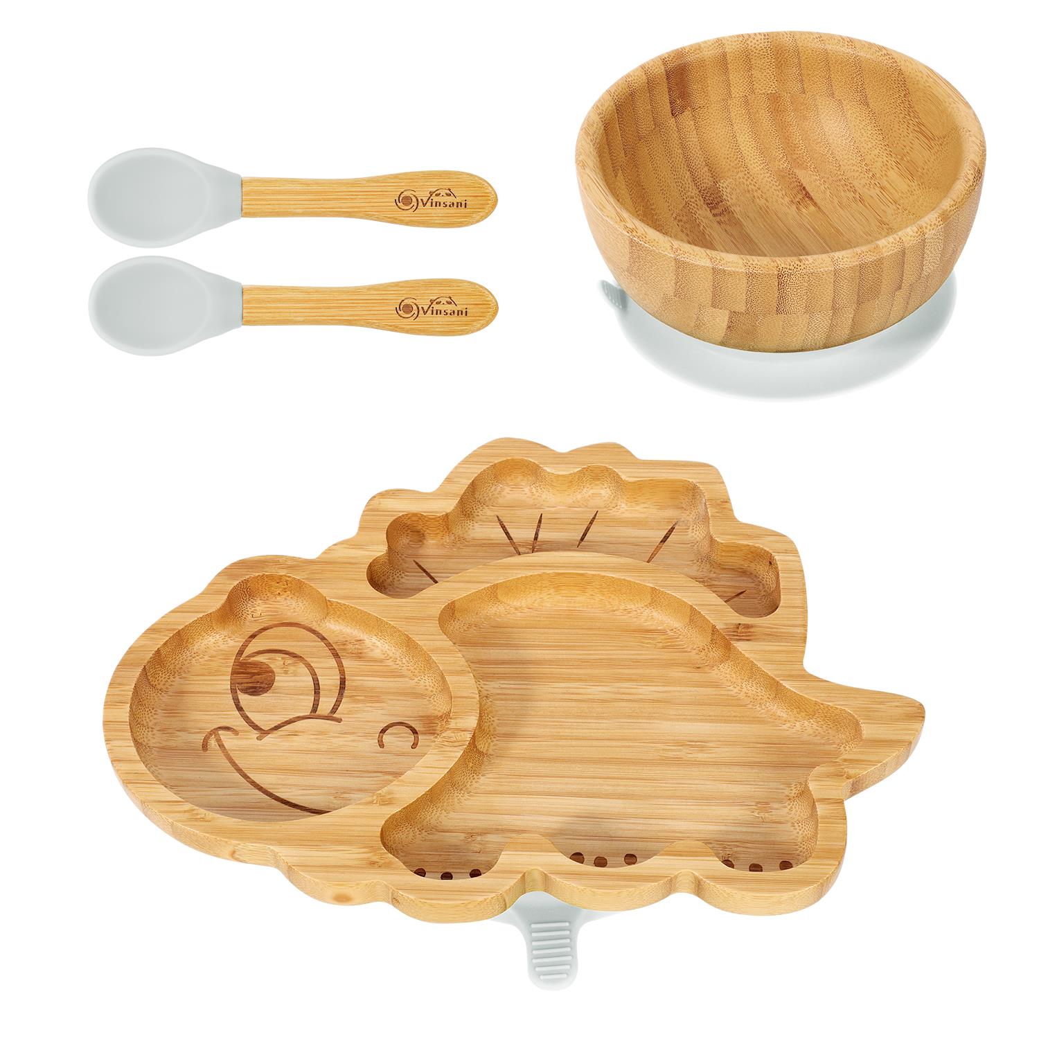 Vinsani Bamboo Dinosaur Plate Bowl & Spoon Set Suction Bowl Stay-Put Design - Picture 33 of 73