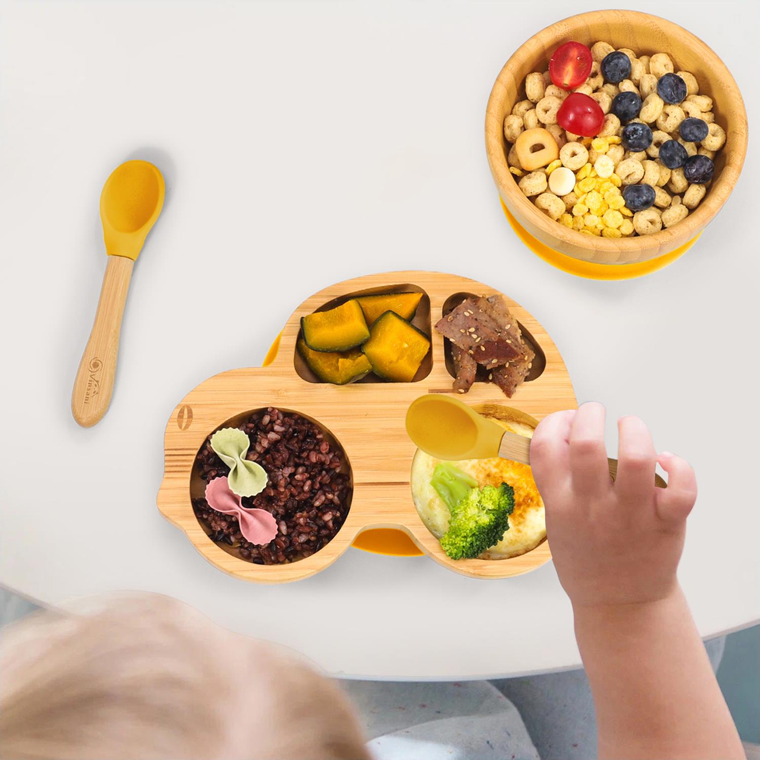 Vinsani Bamboo Car Plate Bowl & Spoon Set Suction Bowl Stay-Put Design for Kids - Picture 61 of 67