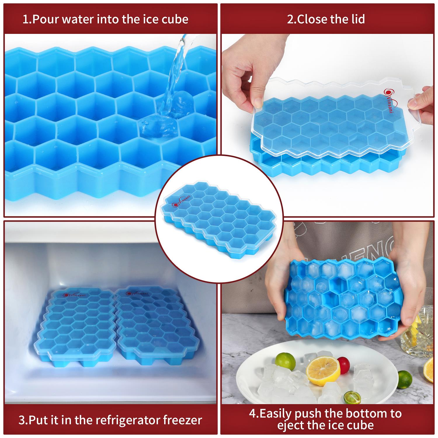 Vinsani 2 Pack Ice Cube Hexagon Silicone Tray with Clear Removable Lids - Picture 9 of 24